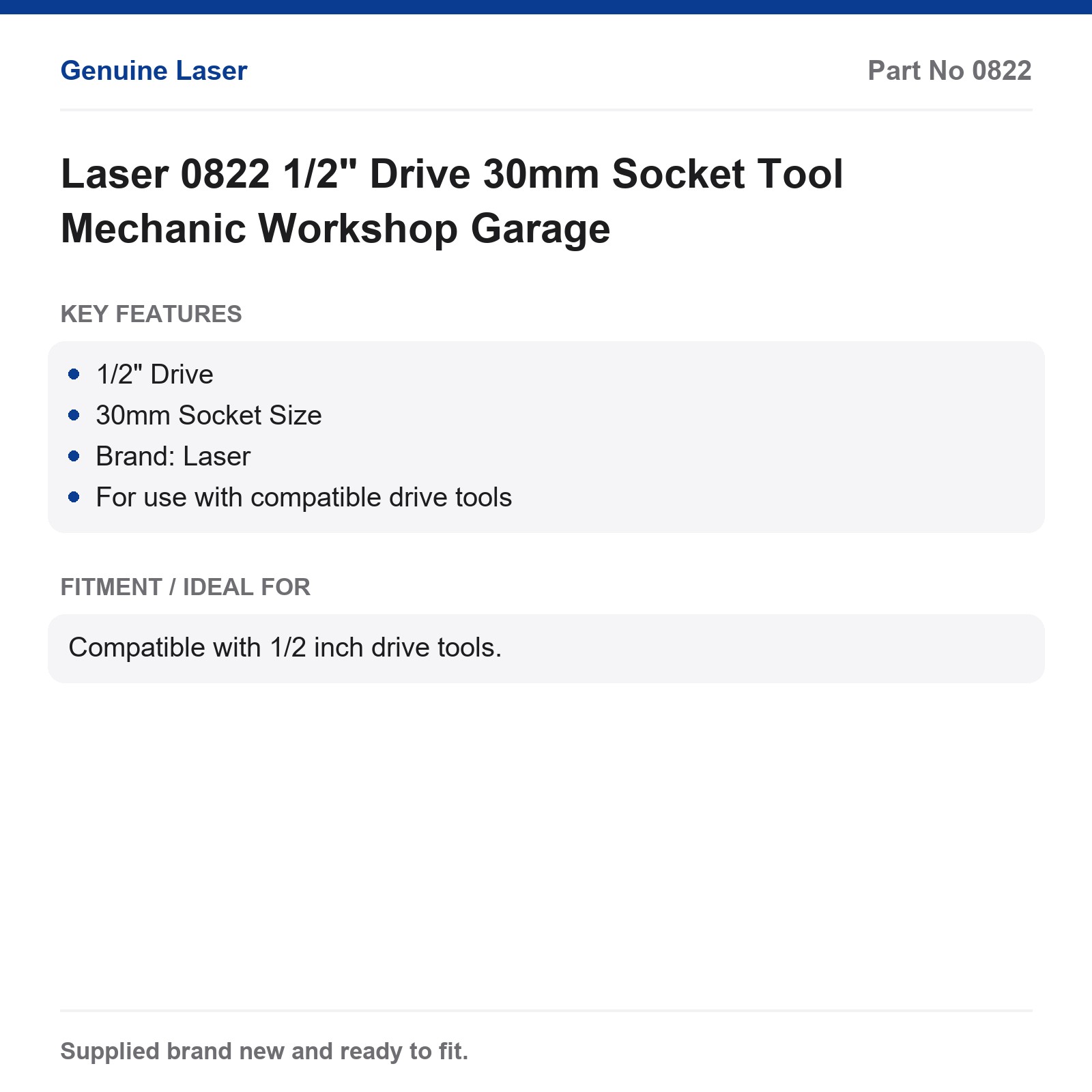 Laser 0822 1/2" Drive 30mm Socket Workshop Tool - Image 3