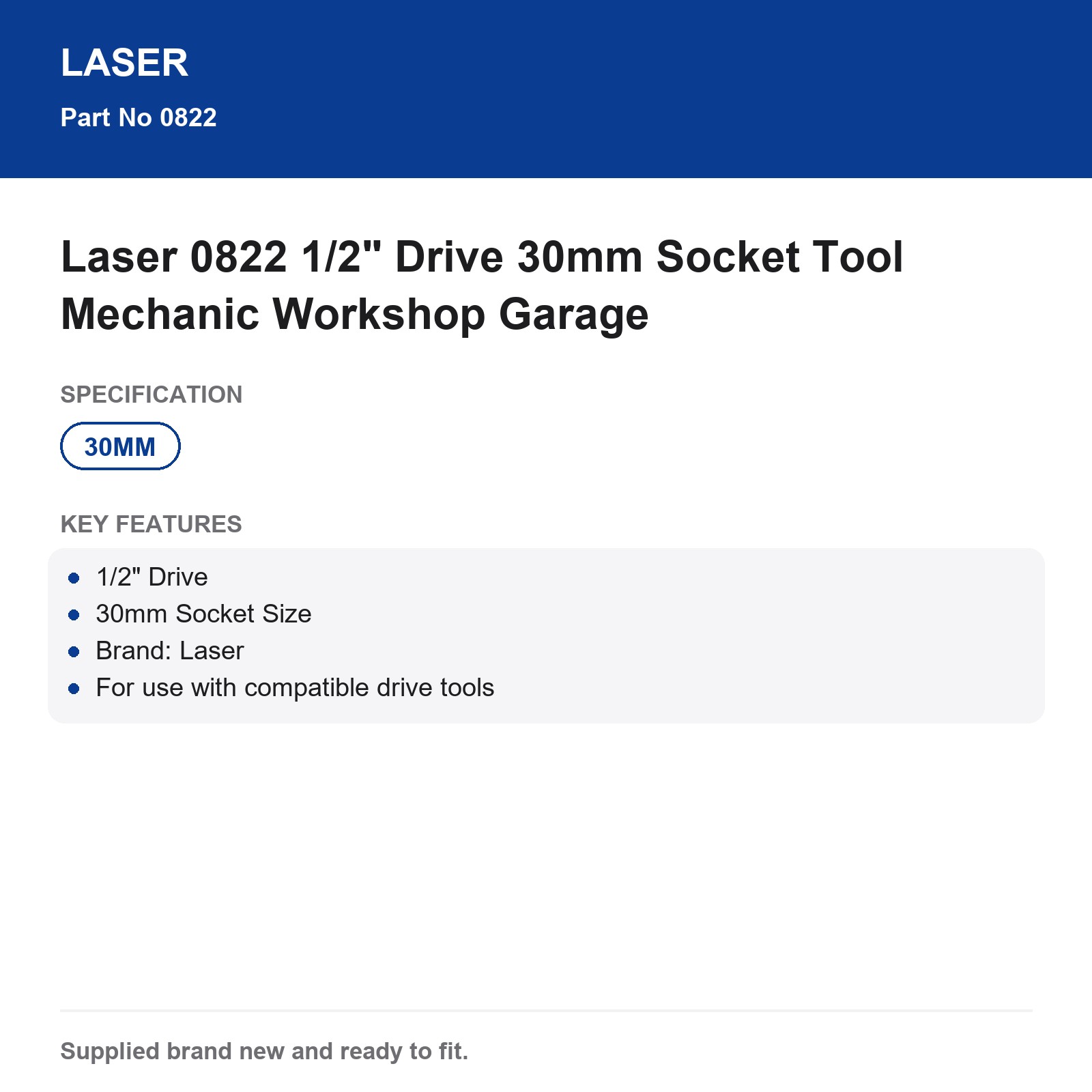 Laser 0822 1/2" Drive 30mm Socket Workshop Tool - Image 4