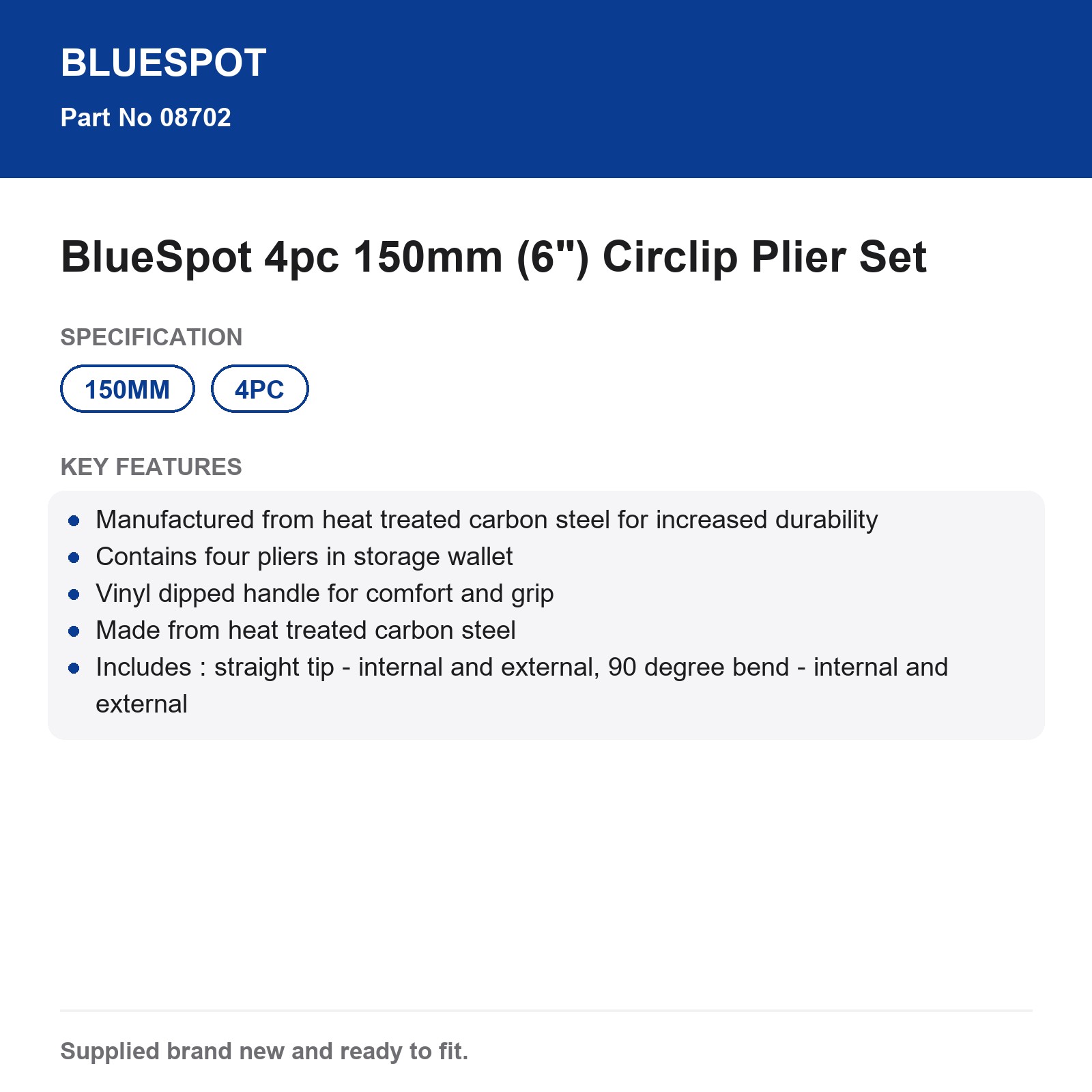BlueSpot 4pc Circlip Pliers Straight 90° Int Ext Carbon Steel Wallet - Image 4