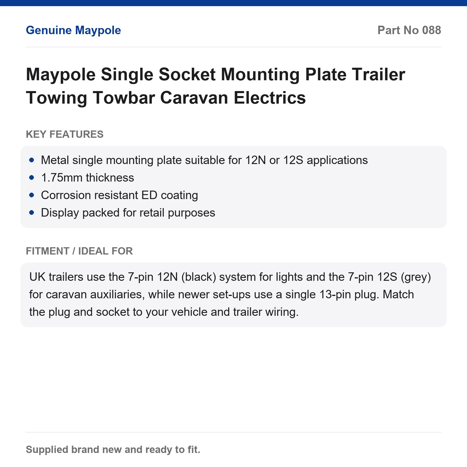 Maypole Single Socket Mounting Plate Trailer Towing Towbar Caravan Electrics - Image 4