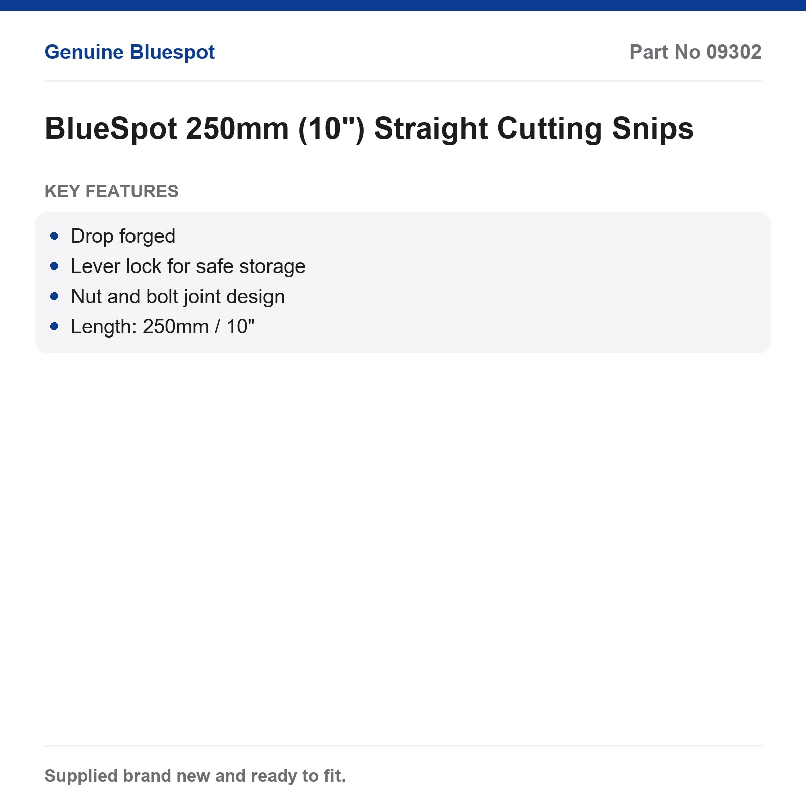 Bluespot Straight Cutting Snips 250mm 10" Drop Forged Lever Lock - Image 2
