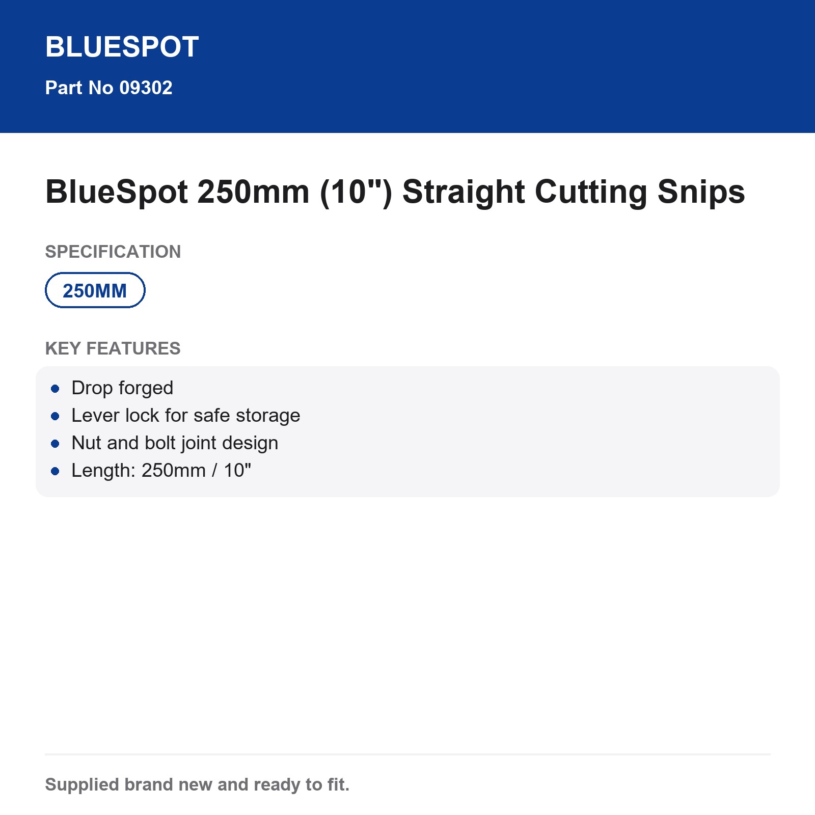 Bluespot Straight Cutting Snips 250mm 10" Drop Forged Lever Lock - Image 3