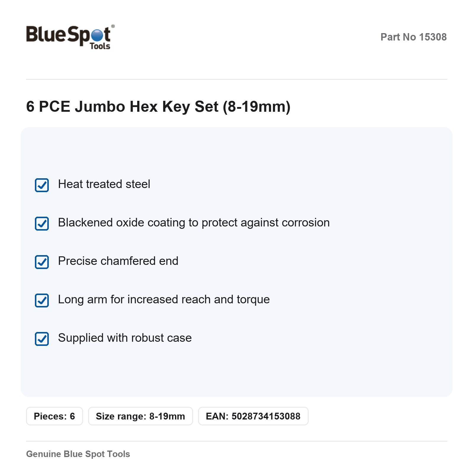 BlueSpot Jumbo Hex Key Set 6pc 8-19mm - Image 2