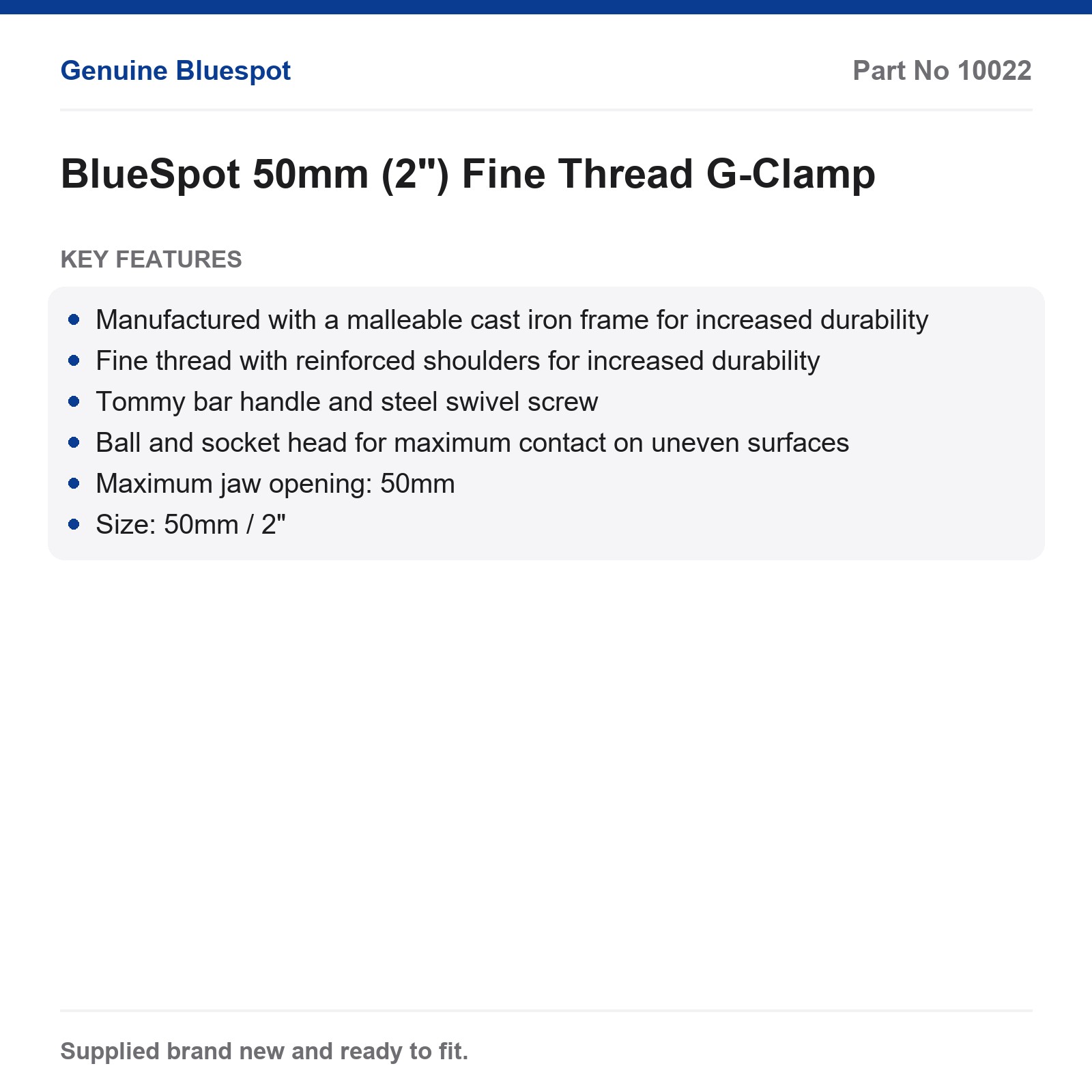 BlueSpot G-Clamp 50mm (2") Fine Thread Malleable Cast Iron Tommy Bar - Image 3