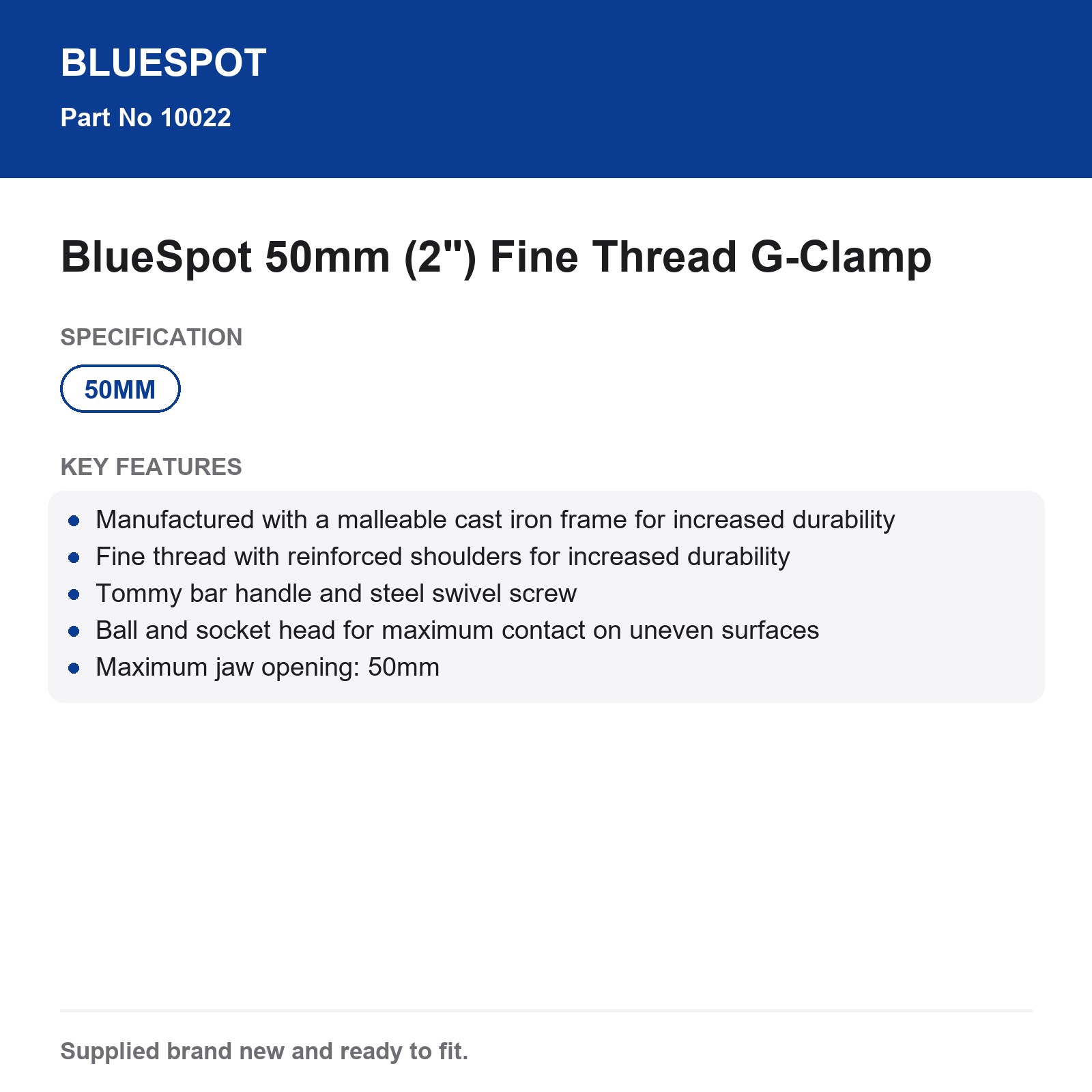 BlueSpot G-Clamp 50mm (2") Fine Thread Malleable Cast Iron Tommy Bar - Image 4