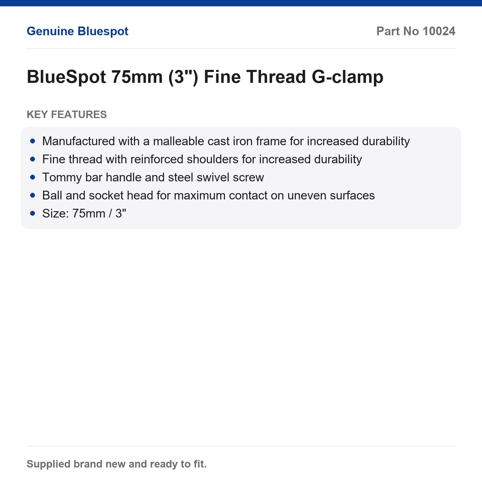 BlueSpot 75mm 3" G-Clamp Fine Thread Malleable Cast Iron Tommy Bar Swivel Screw - Image 3