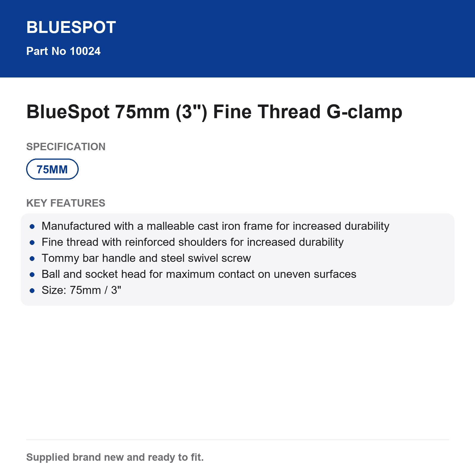 BlueSpot 75mm 3" G-Clamp Fine Thread Malleable Cast Iron Tommy Bar Swivel Screw - Image 4