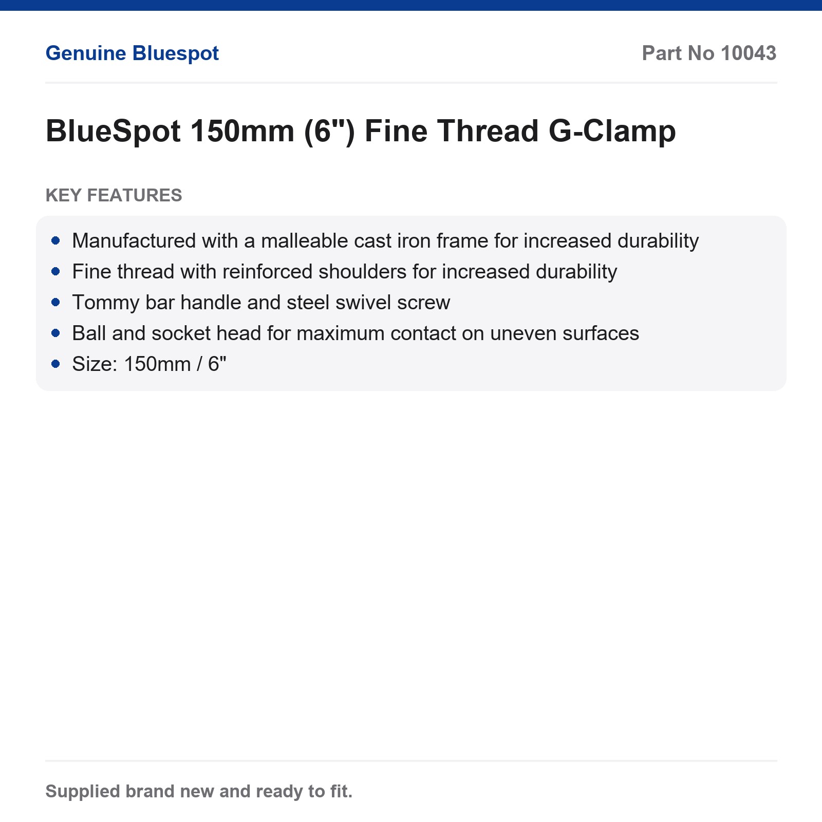 G-Clamp BlueSpot 150mm 6" Cast Iron Fine Thread Tommy Bar Ball Socket - Image 3