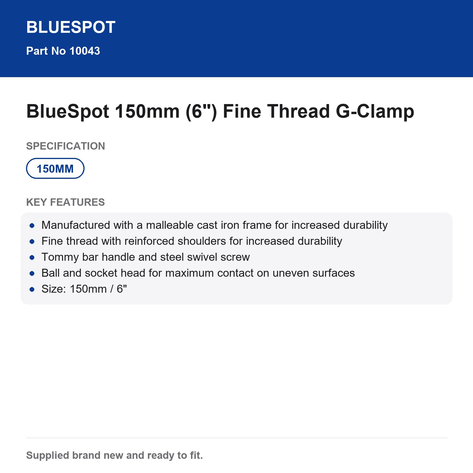 G-Clamp BlueSpot 150mm 6" Cast Iron Fine Thread Tommy Bar Ball Socket - Image 4
