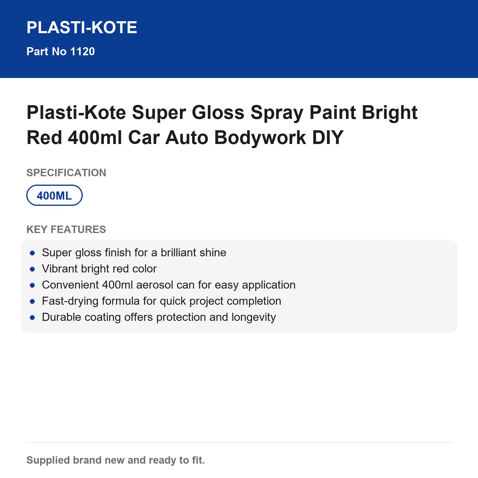 Plasti-Kote Super Gloss Spray Paint Bright Red 400ml Car Auto Bodywork DIY - Image 3