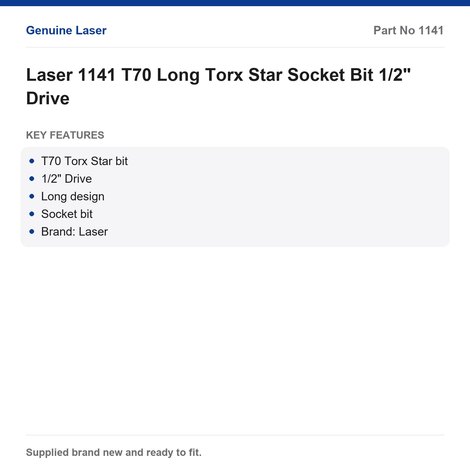 Laser 1141 T70 Long Torx Star Socket Bit 1/2" Drive - Image 2