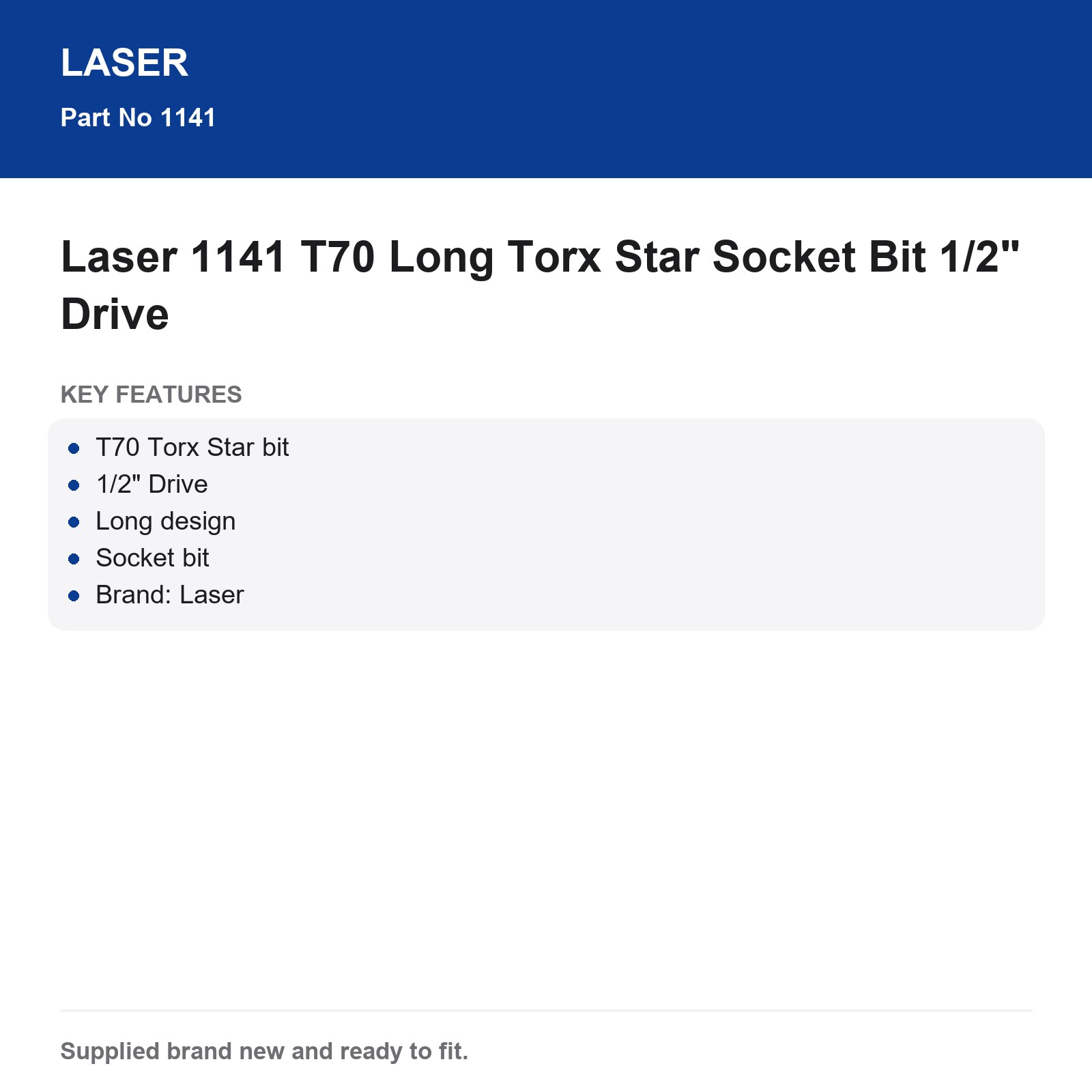 Laser 1141 T70 Long Torx Star Socket Bit 1/2" Drive - Image 3