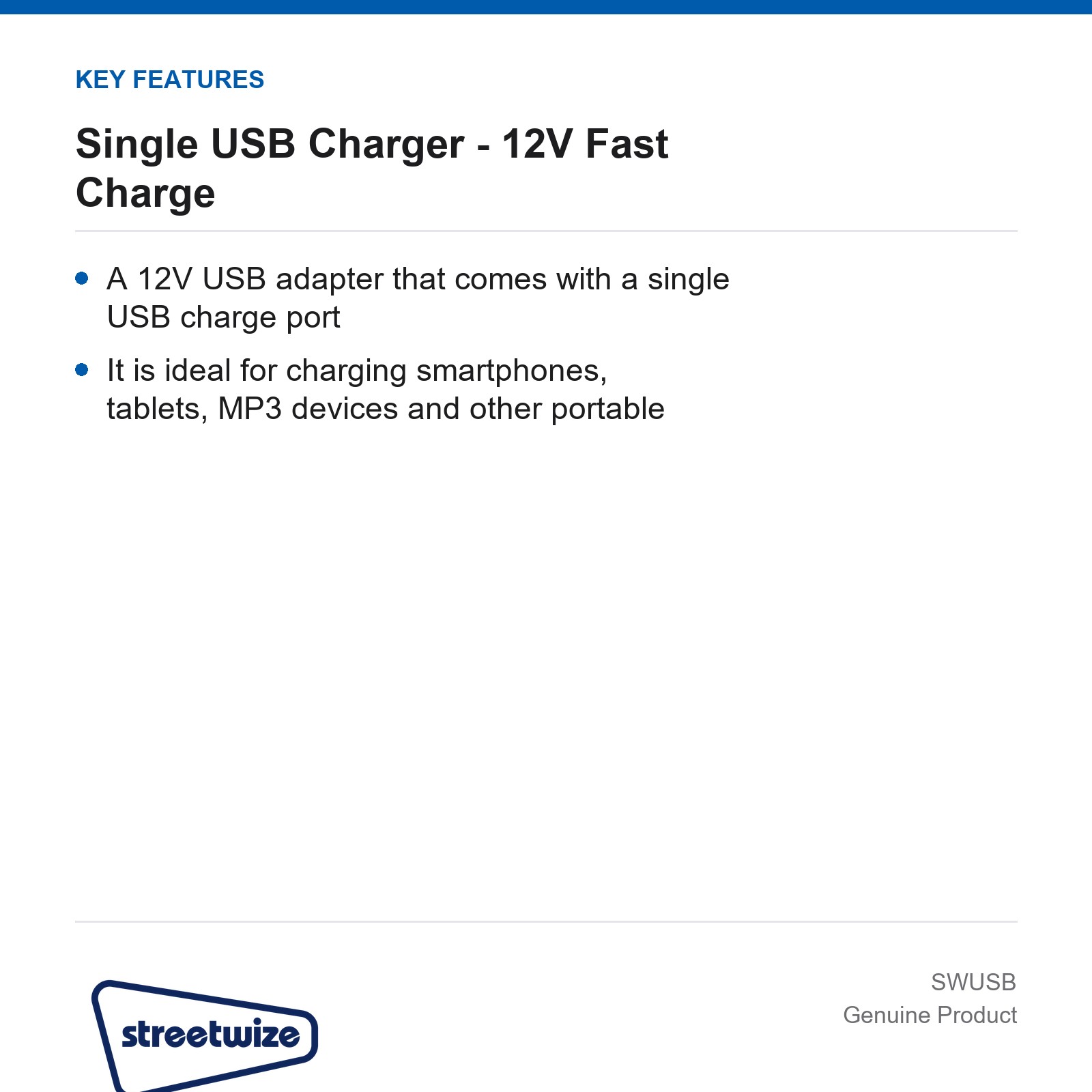 Streetwize Single USB Charger 12V Fast Charge Car Van Caravan - Image 4