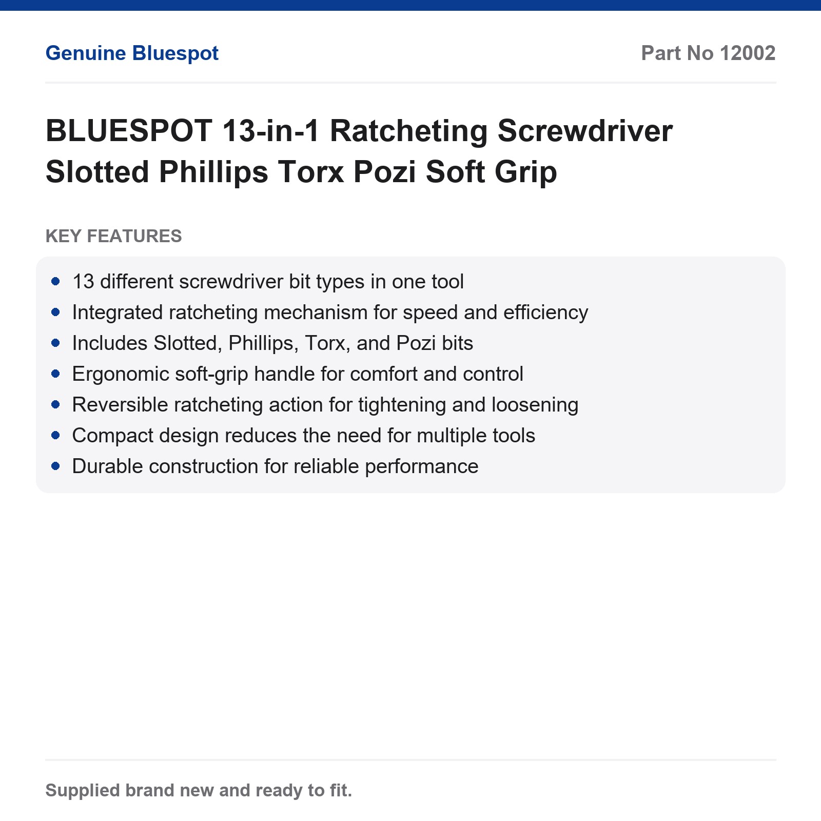BLUESPOT 13-in-1 Ratcheting Screwdriver Slotted Phillips Torx Pozi Soft Grip - Image 3
