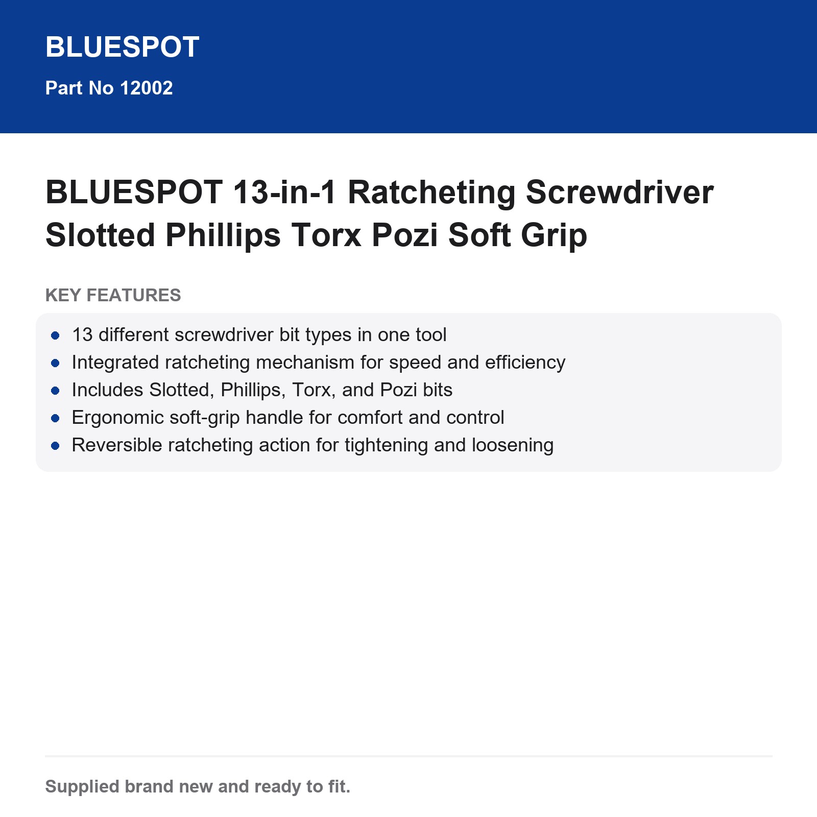 BLUESPOT 13-in-1 Ratcheting Screwdriver Slotted Phillips Torx Pozi Soft Grip - Image 4