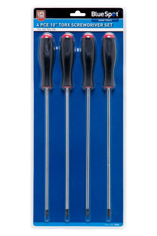 Bluespot 4pc 10″ Torx Screwdriver Set Chrome Vanadium Ergonomic T15 T20 T25 T30
