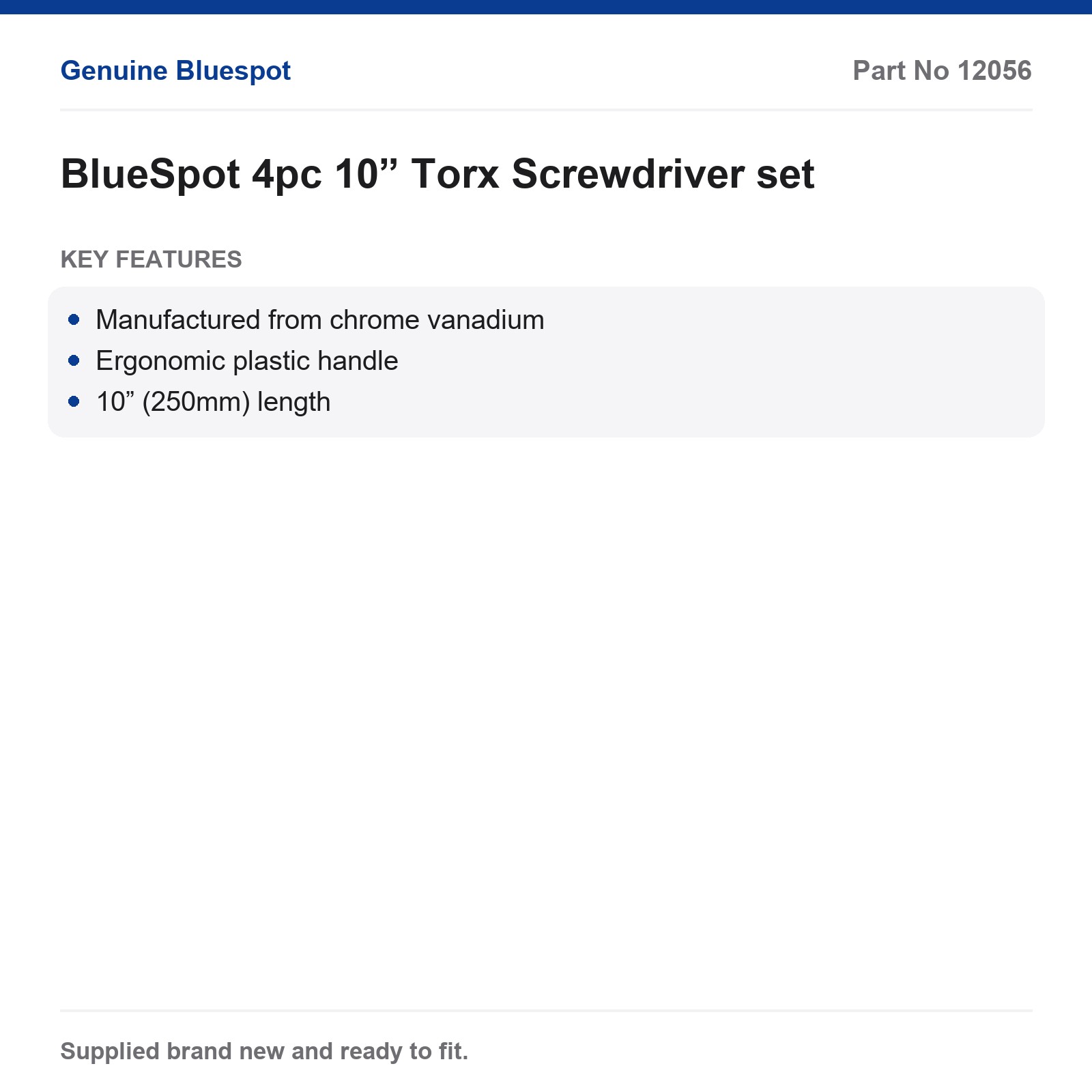 Bluespot 4pc 10" Torx Screwdriver Set Chrome Vanadium Ergonomic T15 T20 T25 T30 - Image 3