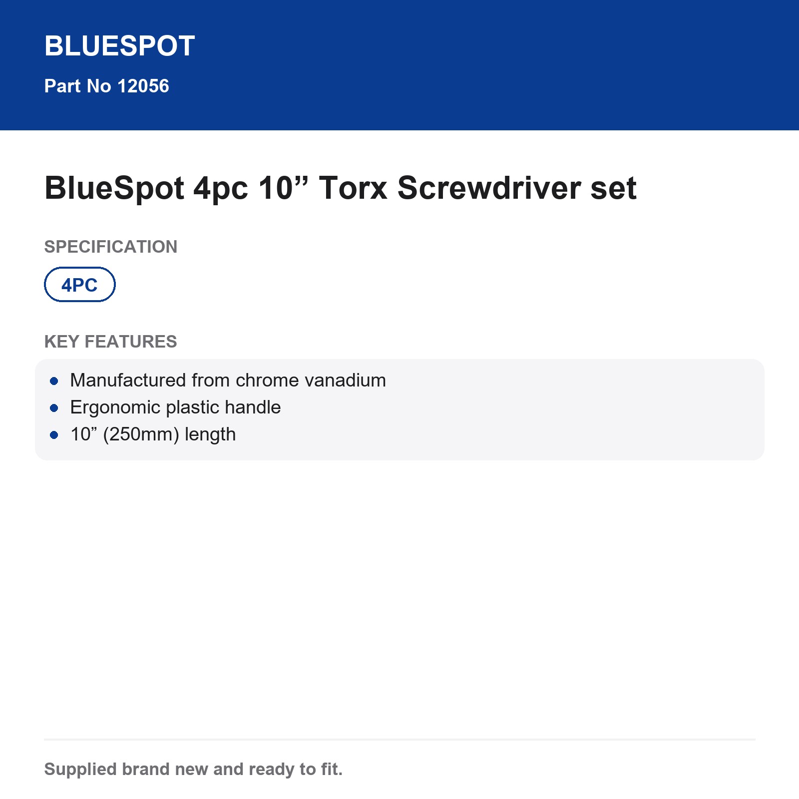 Bluespot 4pc 10" Torx Screwdriver Set Chrome Vanadium Ergonomic T15 T20 T25 T30 - Image 4