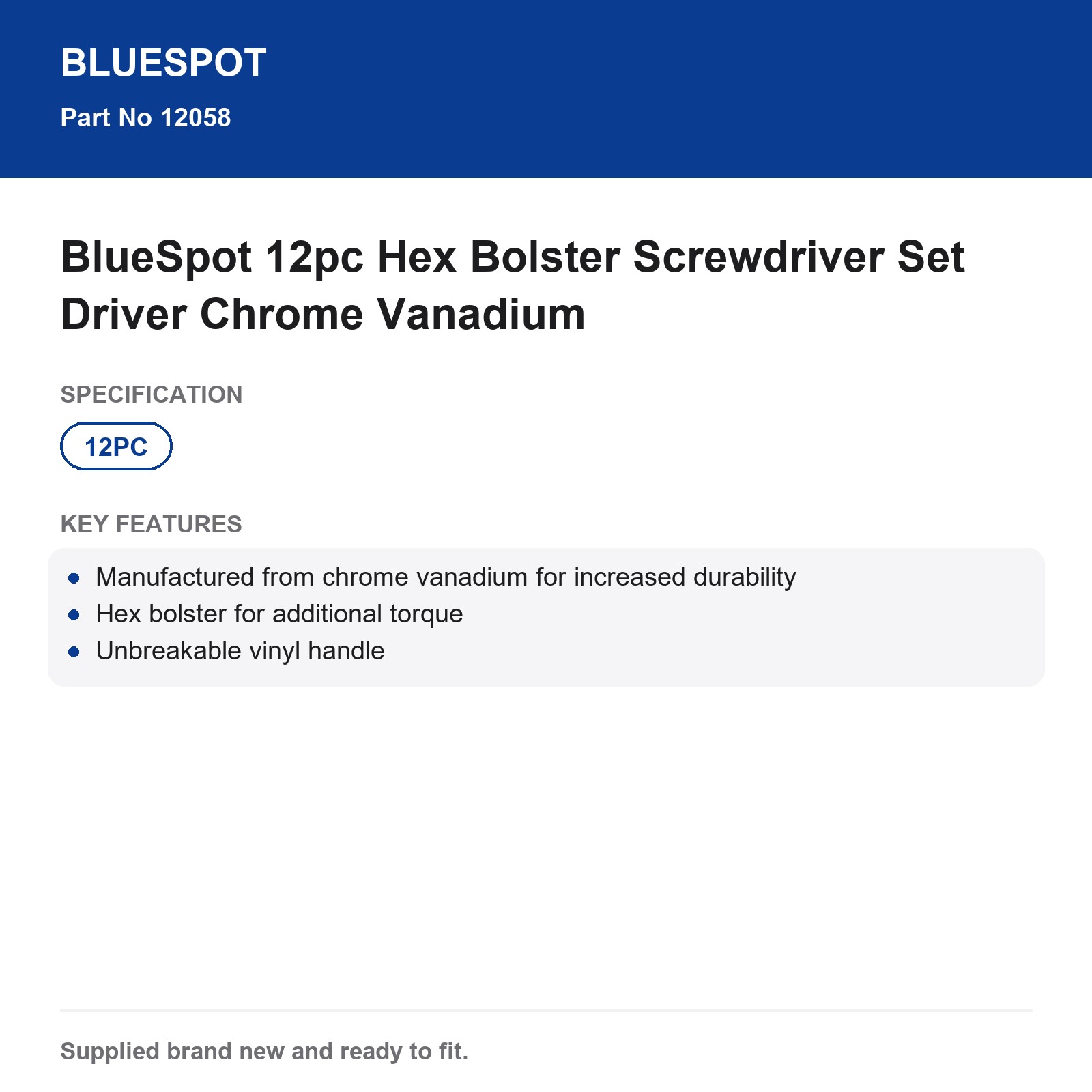 BlueSpot 12pc Hex Bolster Screwdriver Set Chrome Vanadium - Image 5