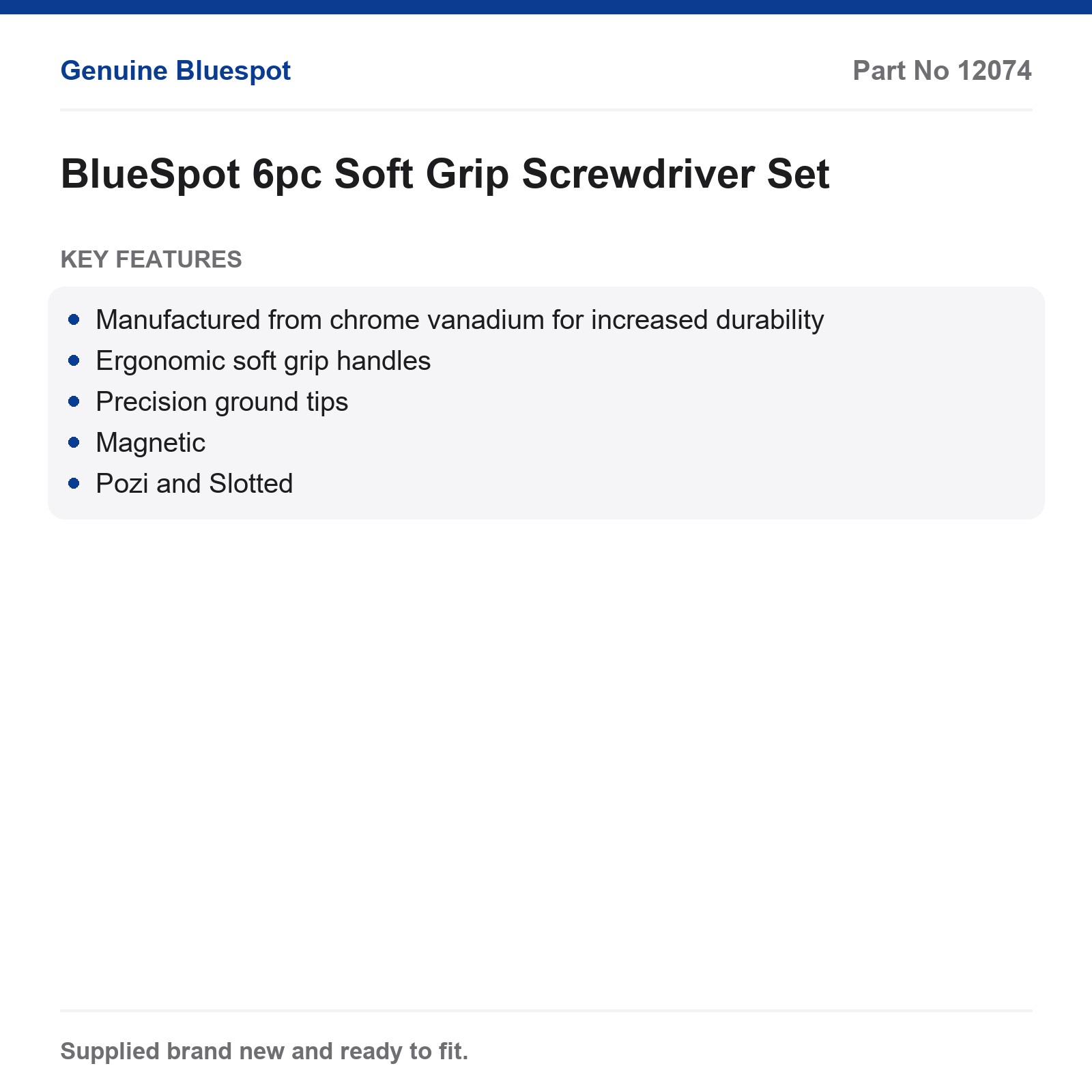 Bluespot Screwdriver Set 6pc Chrome Vanadium Soft Grip Magnetic Pozi Slotted - Image 3