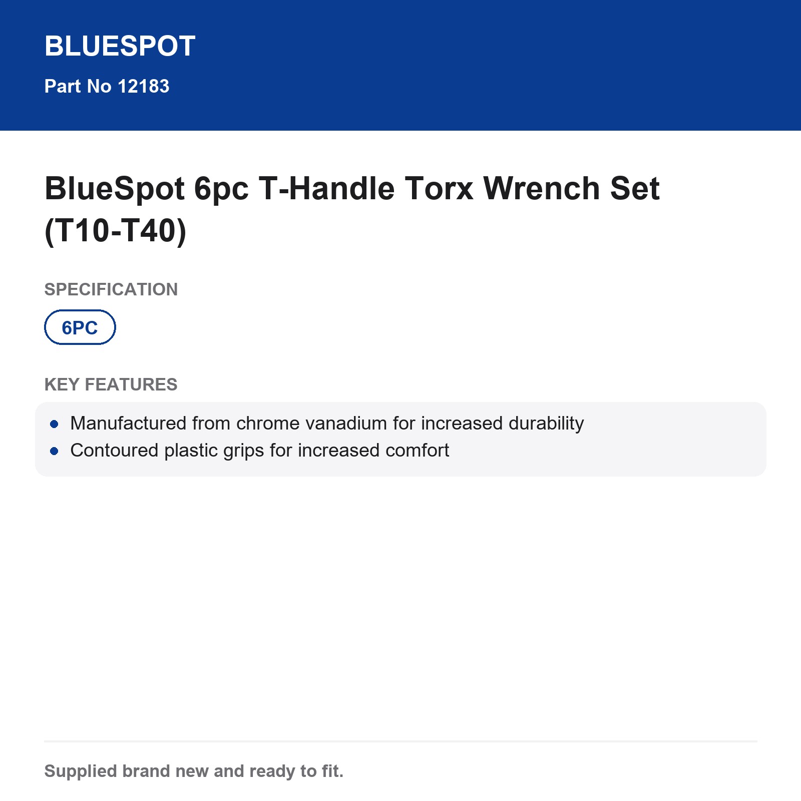 BlueSpot 6pc T-Handle Torx Wrench Set T10-T40 CrV Comfort Grips - Image 4