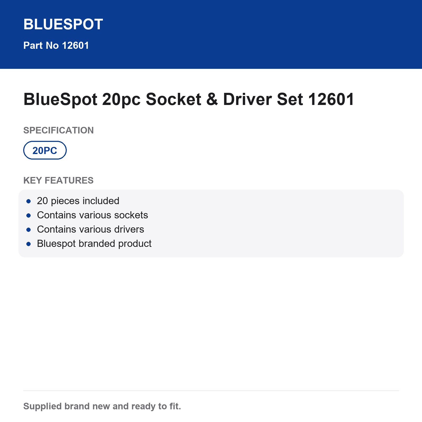 BlueSpot 20pc Socket & Driver Tool Set 12601 - Image 4