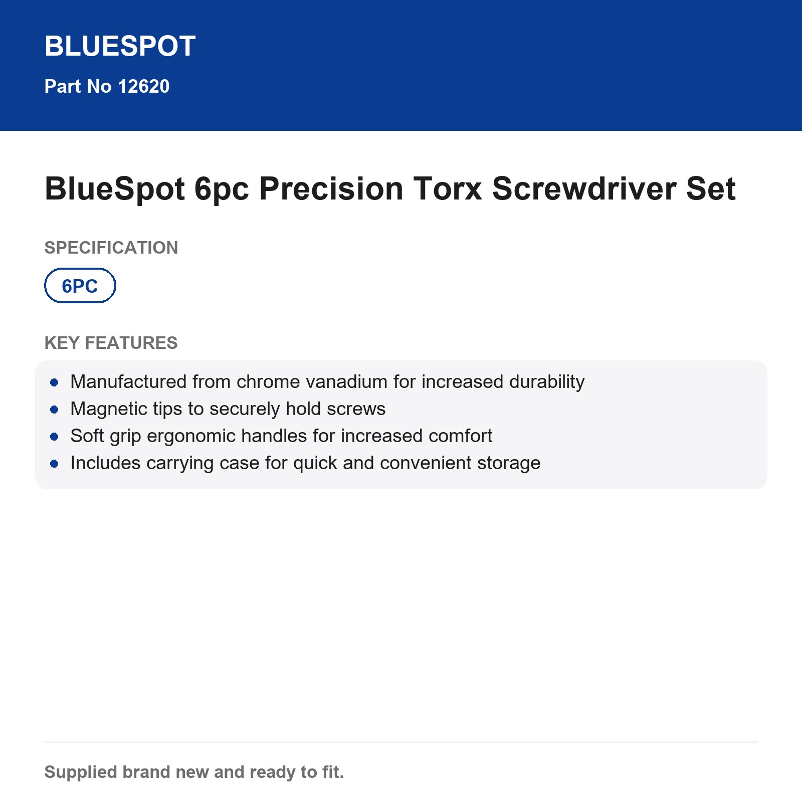 BlueSpot 6pc Precision Torx Screwdriver Set Chrome Vanadium Magnetic Tips Case - Image 4