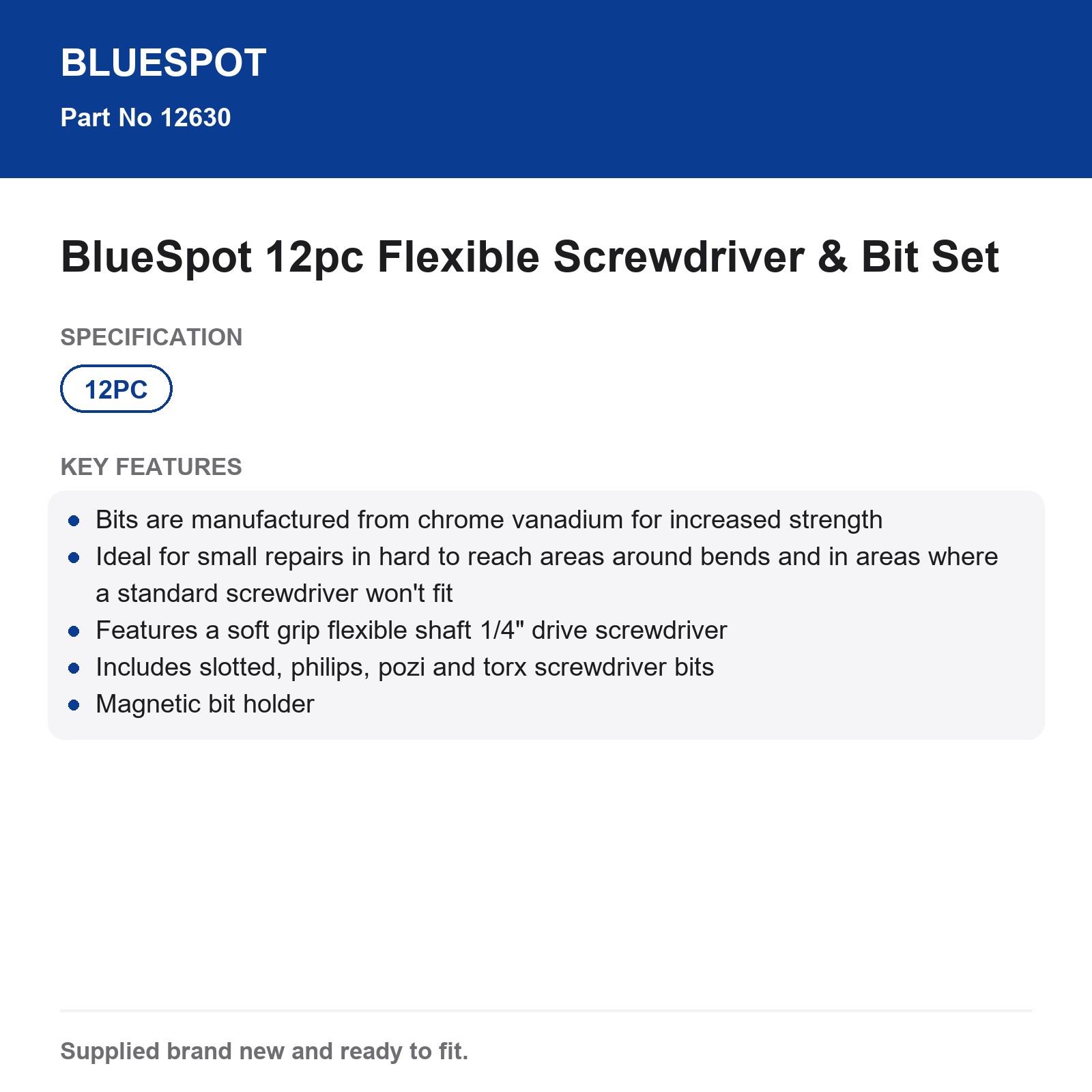 Blue Spot 12pc Flexible Magnetic Driver Bit Set 1/4" Slotted Philips Pozi Torx - Image 4
