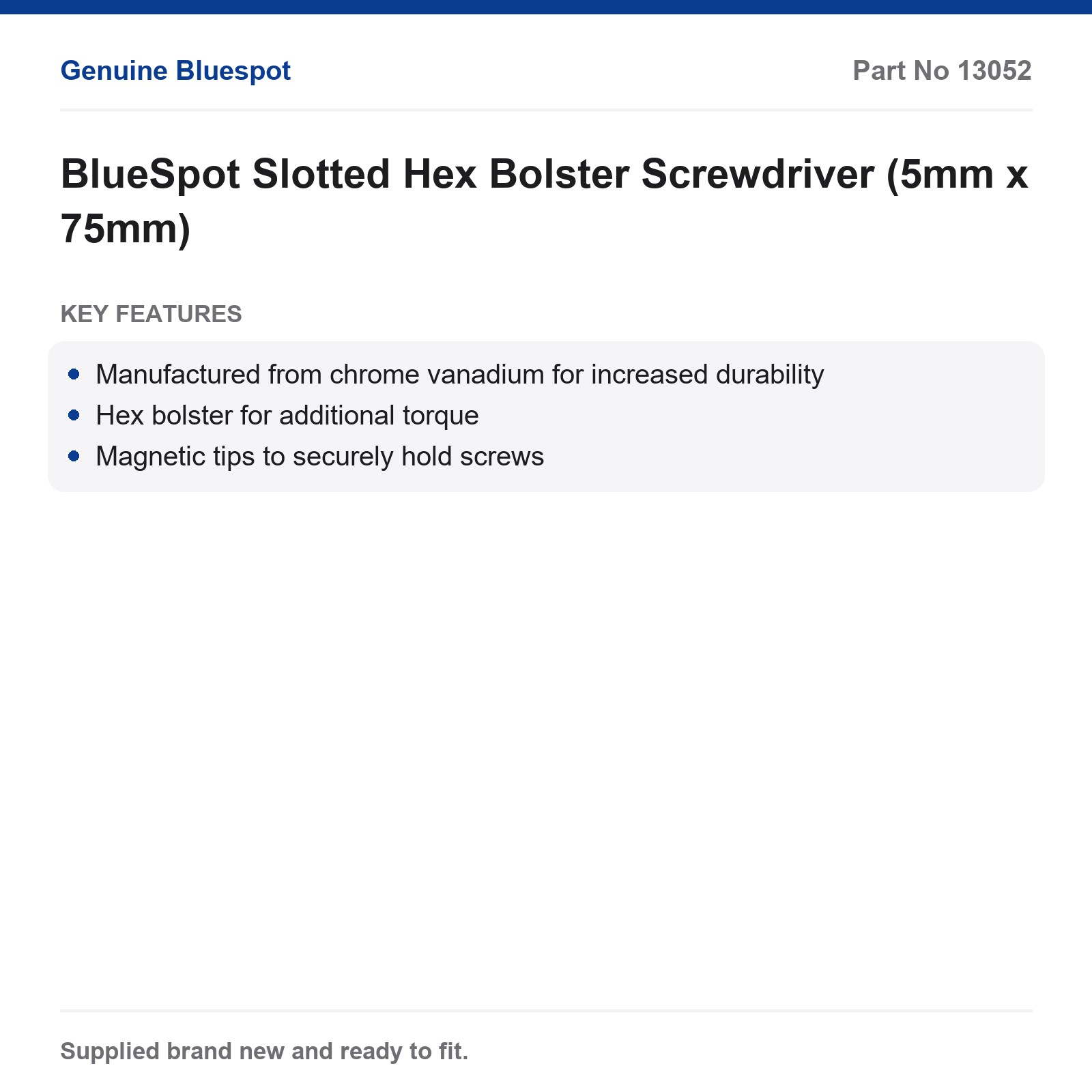 BlueSpot Slotted Hex Bolster Screwdriver (5x75mm) - Image 3