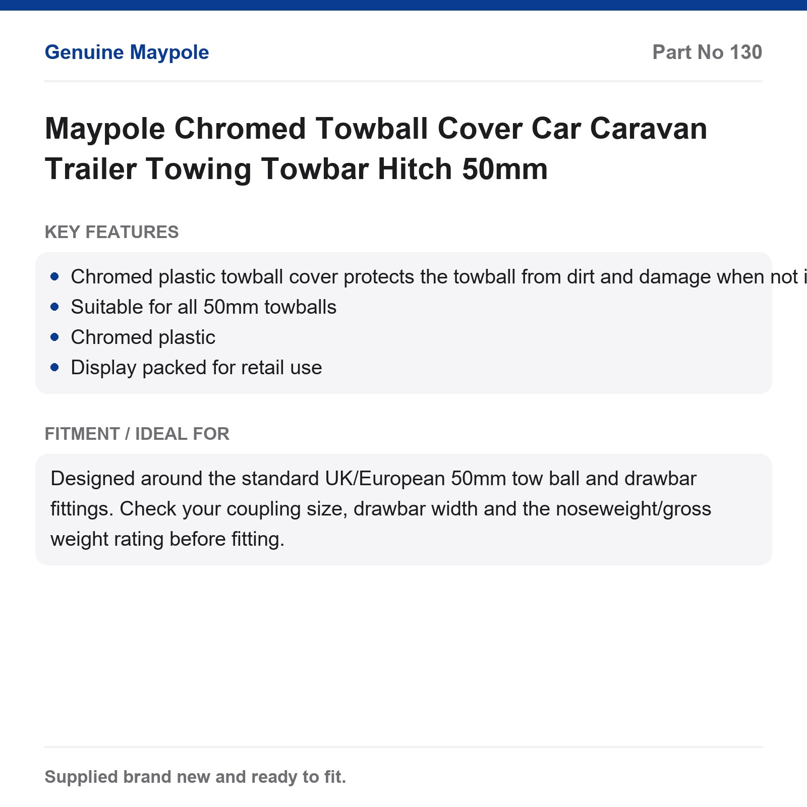 Maypole Chromed Towball Cover Car Caravan Trailer Towing Towbar Hitch 50mm - Image 4