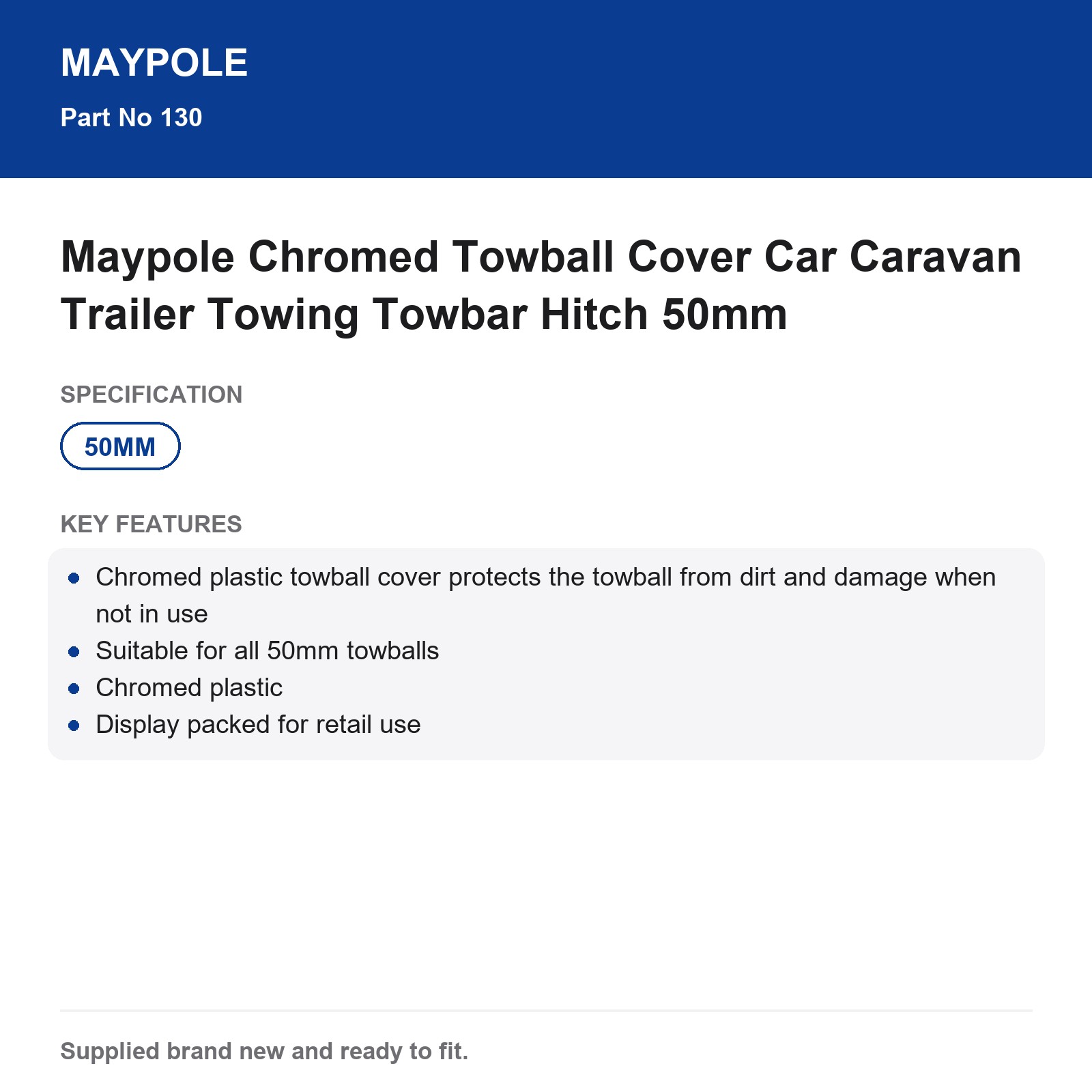 Maypole Chromed Towball Cover Car Caravan Trailer Towing Towbar Hitch 50mm - Image 5