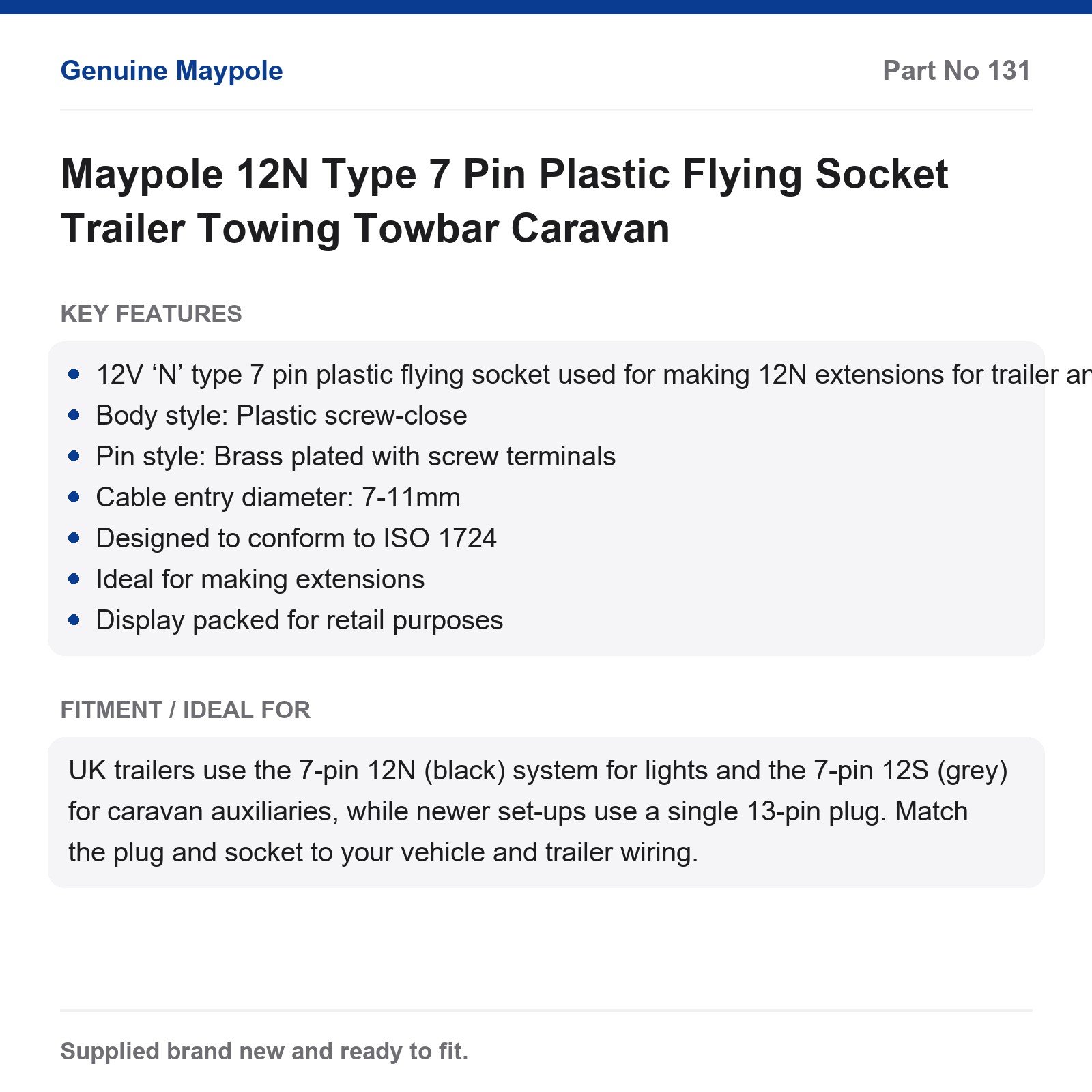 Maypole 12N Type 7 Pin Plastic Flying Socket Trailer Caravan Towbar - Image 4
