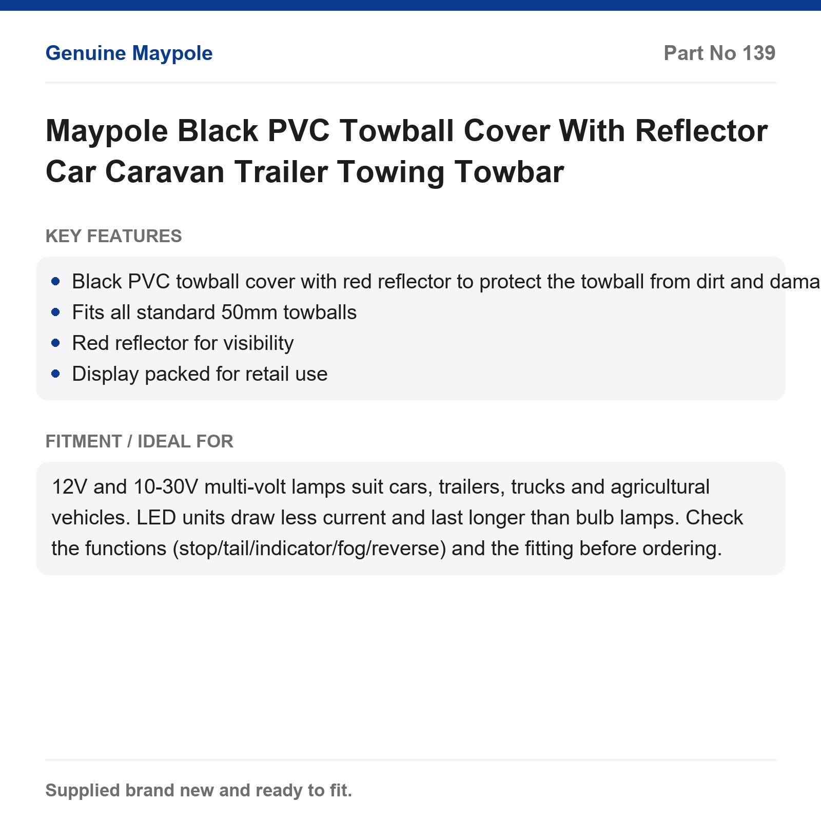 Maypole Black PVC Towball Cover With Reflector Car Caravan Trailer Towbar - Image 4