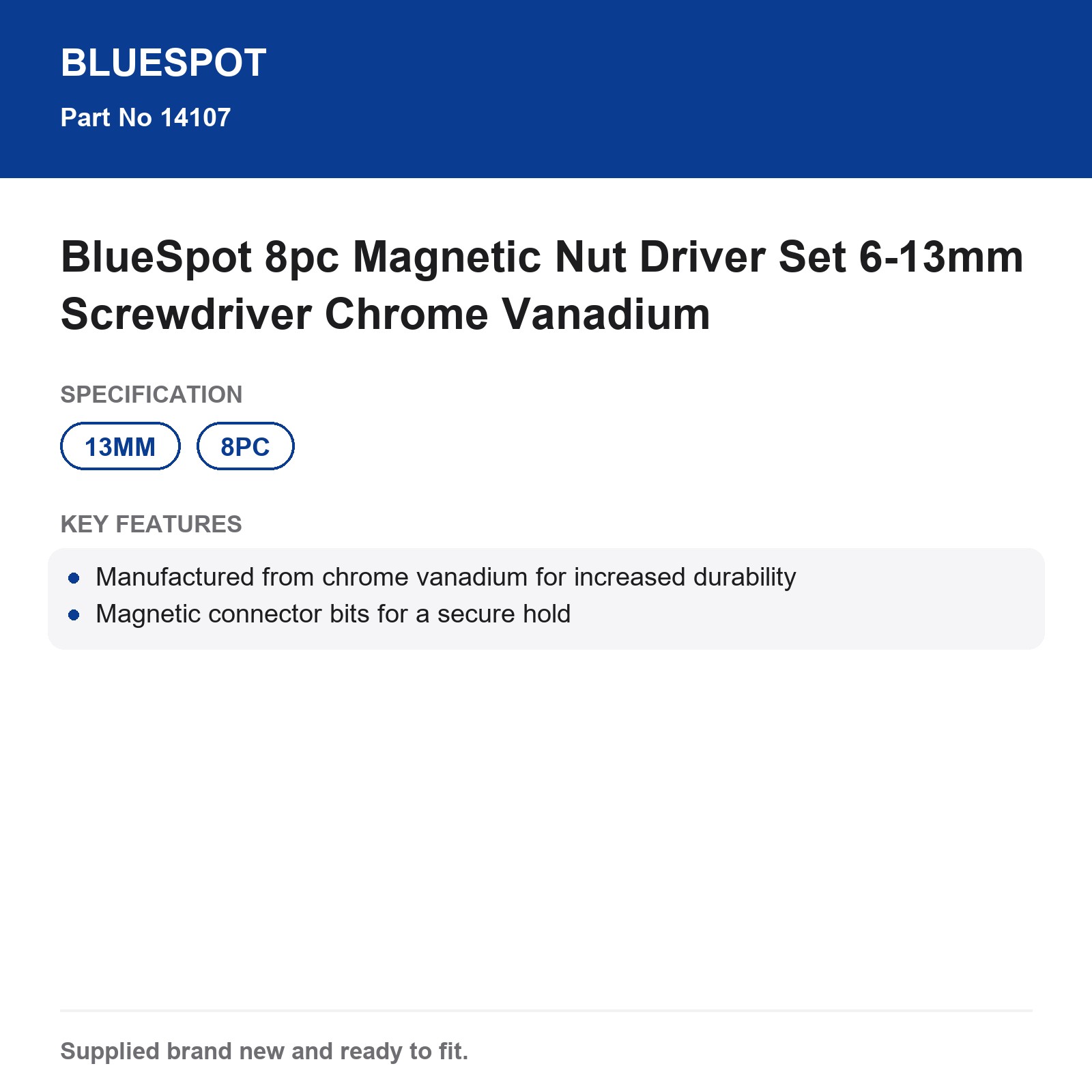 BlueSpot 8pc Magnetic Nut Driver Set 6-13mm Screwdriver Chrome Vanadium - Image 5