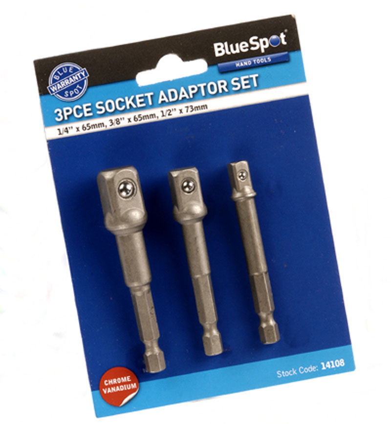 BlueSpot 3pc Socket Adaptor Set 1/4in 3/8in 1/2in Drill Chrome Vanadium