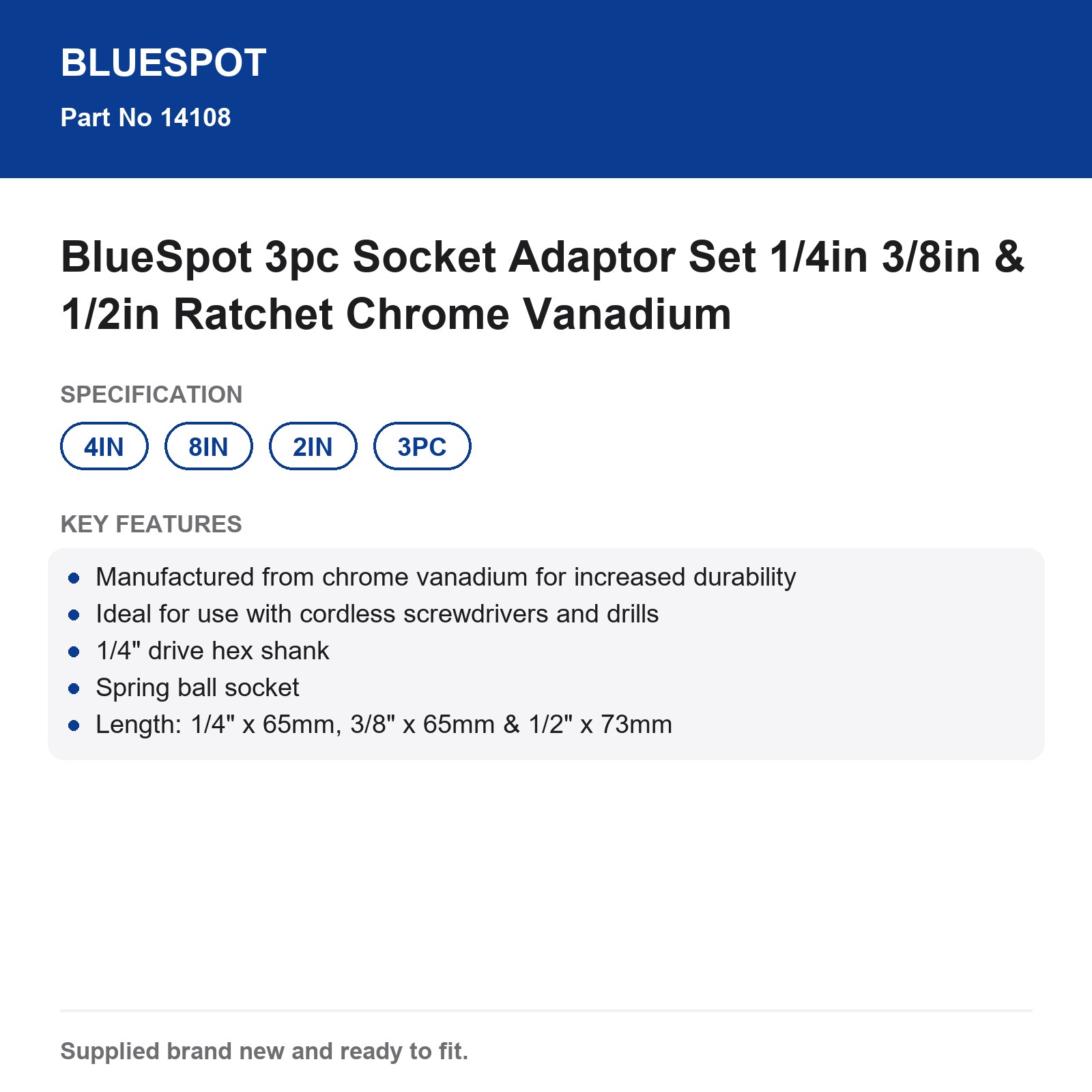 BlueSpot 3pc Socket Adaptor Set 1/4in 3/8in 1/2in Drill Chrome Vanadium - Image 5