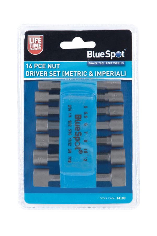 BlueSpot 14pc Nut Driver Set 1/4″ Power Tool Metric Imperial Chrome Vanadium