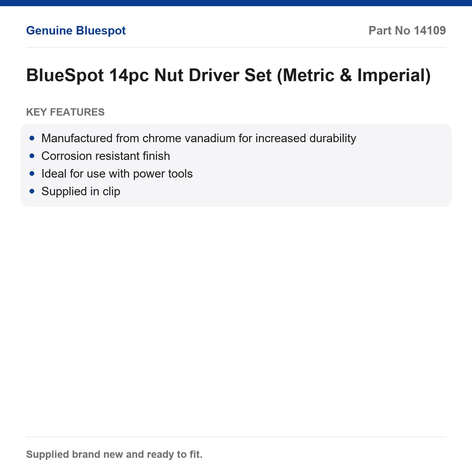 BlueSpot 14pc Nut Driver Set 1/4" Power Tool Metric Imperial Chrome Vanadium - Image 3