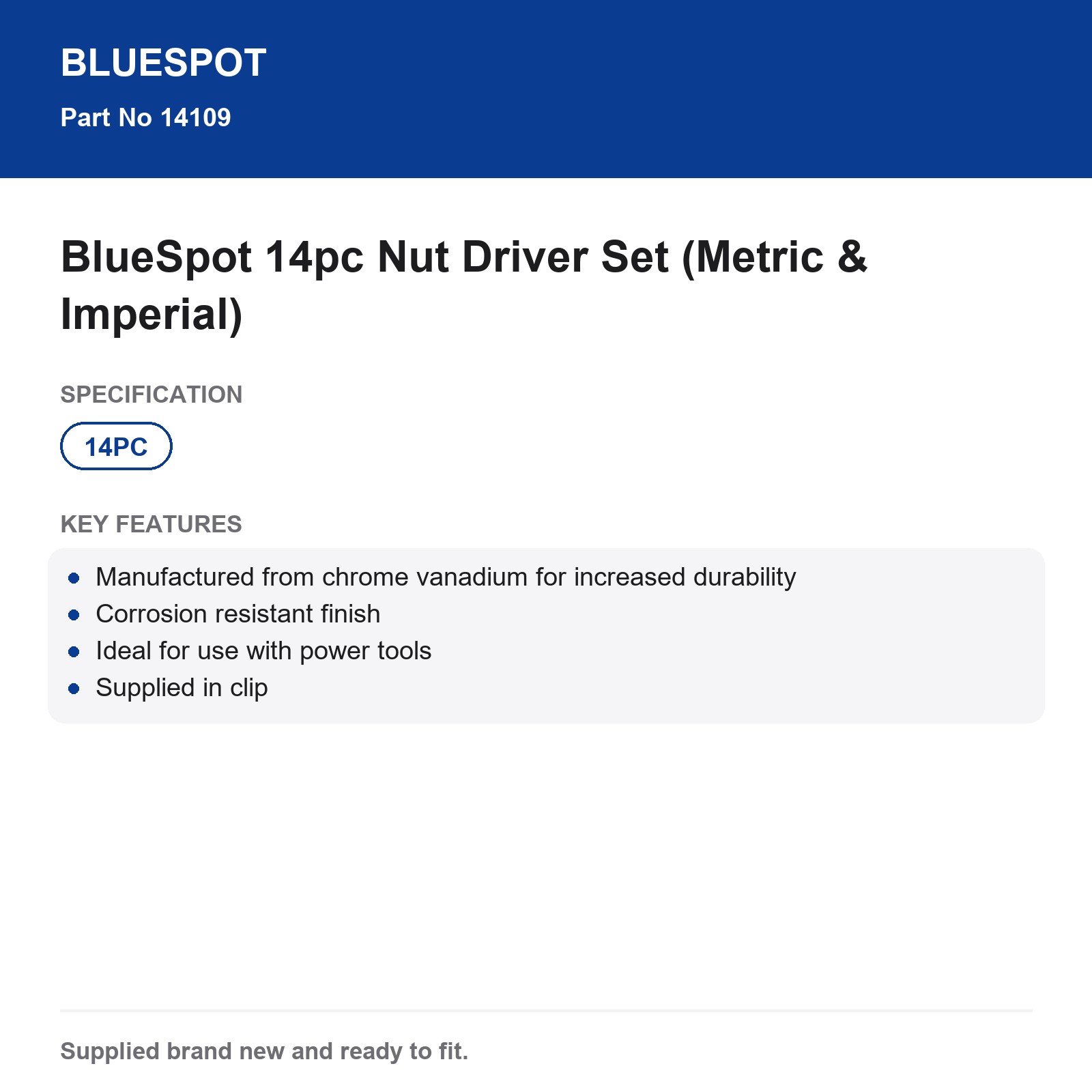 BlueSpot 14pc Nut Driver Set 1/4" Power Tool Metric Imperial Chrome Vanadium - Image 4