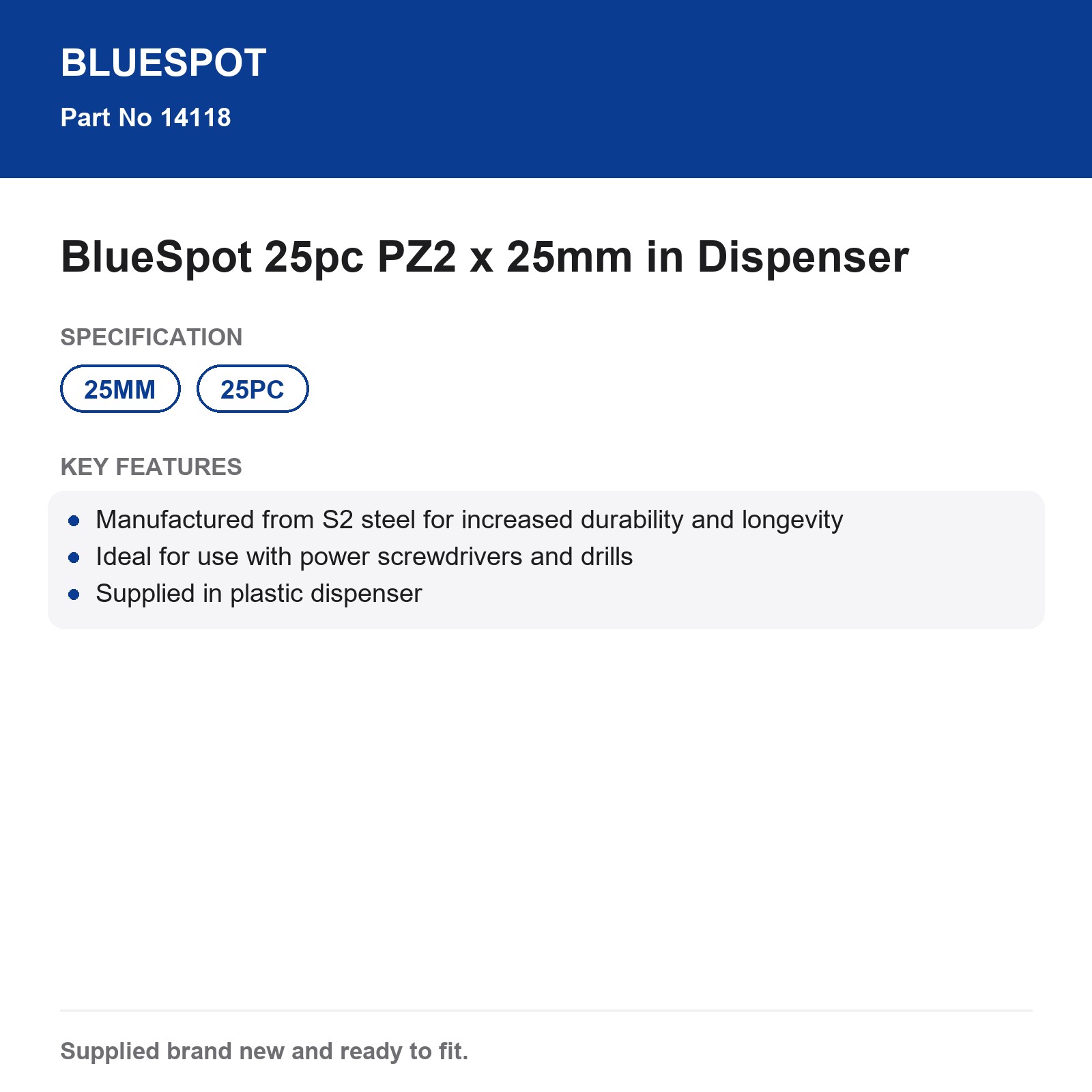 BlueSpot 25pc PZ2 25mm S2 Steel Screwdriver Bits Power Drill Dispenser - Image 3