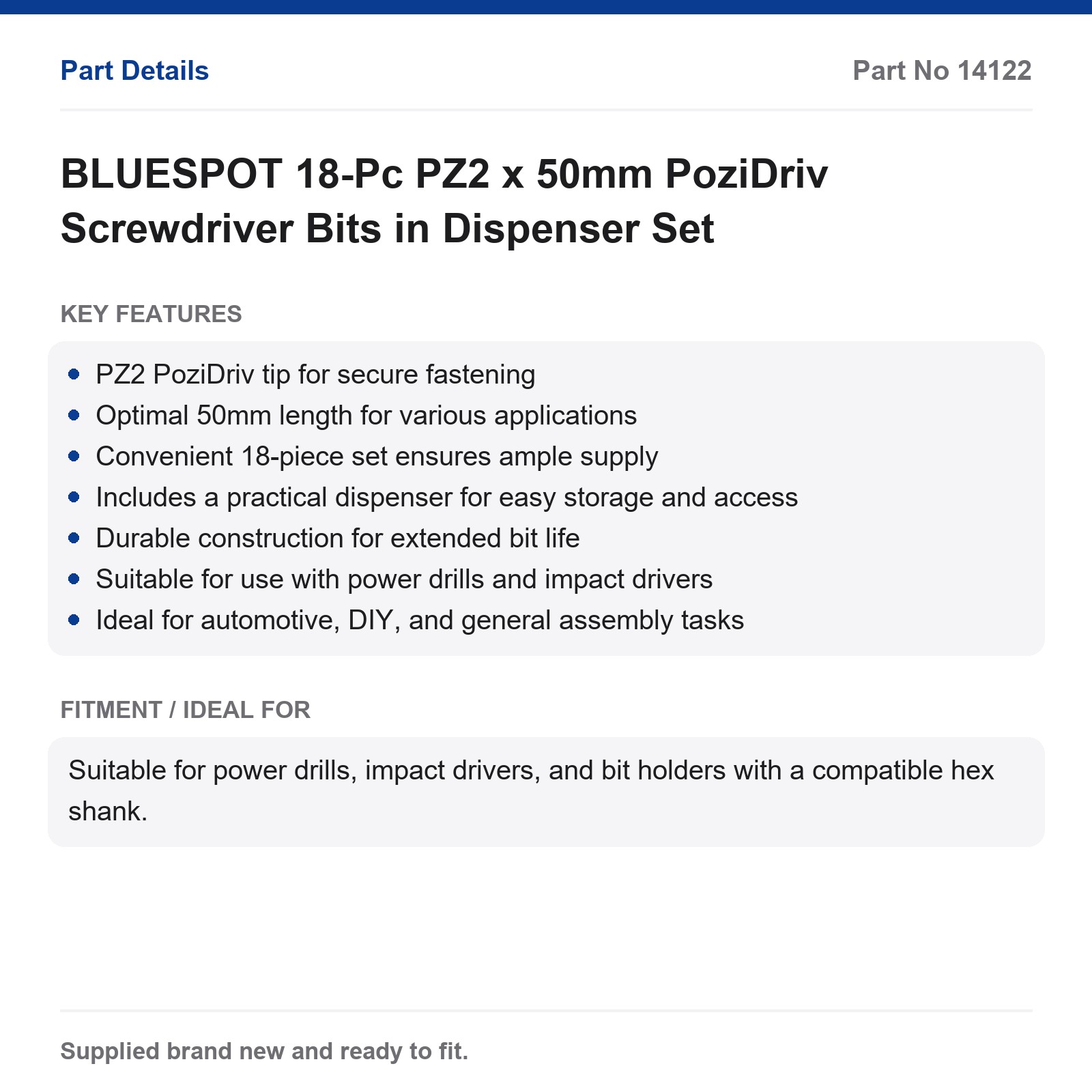 BLUESPOT 18-Pc PZ2 50mm PoziDriv Screwdriver Bits Dispenser Set - Image 2