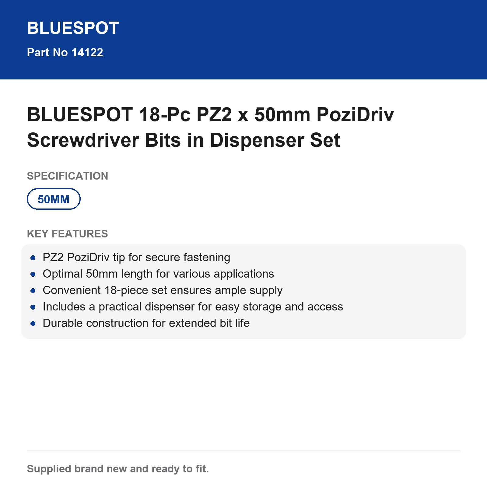 BLUESPOT 18-Pc PZ2 50mm PoziDriv Screwdriver Bits Dispenser Set - Image 3
