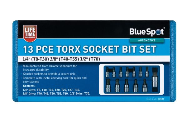 Bluespot 13pc Torx Socket Bit Set T8-T70 1/2″ 3/8″ 1/4″ CrV Knurled Case