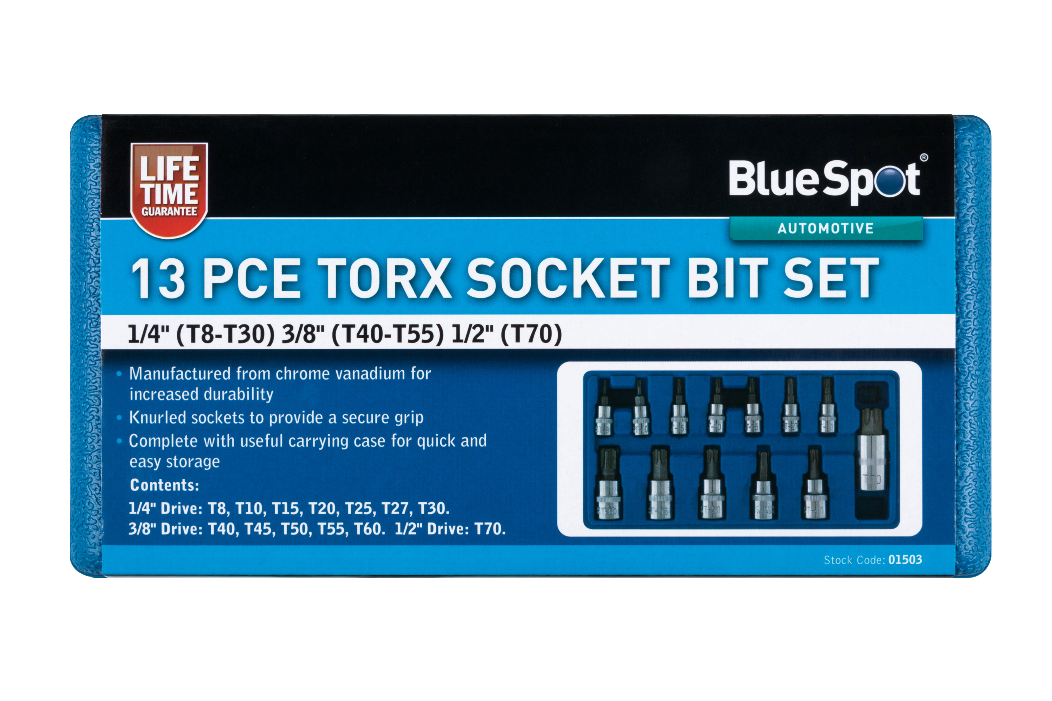 Bluespot 13pc Torx Socket Bit Set T8-T70 1/2″ 3/8″ 1/4″ CrV Knurled Case