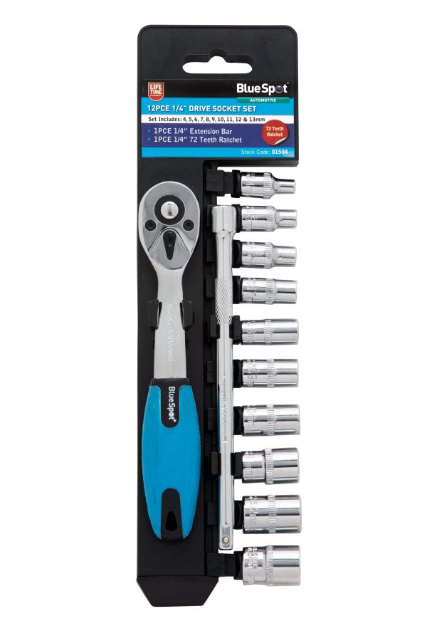 BlueSpot 12pc 1/4″ Metric Ratchet & Socket Set (4-13mm)