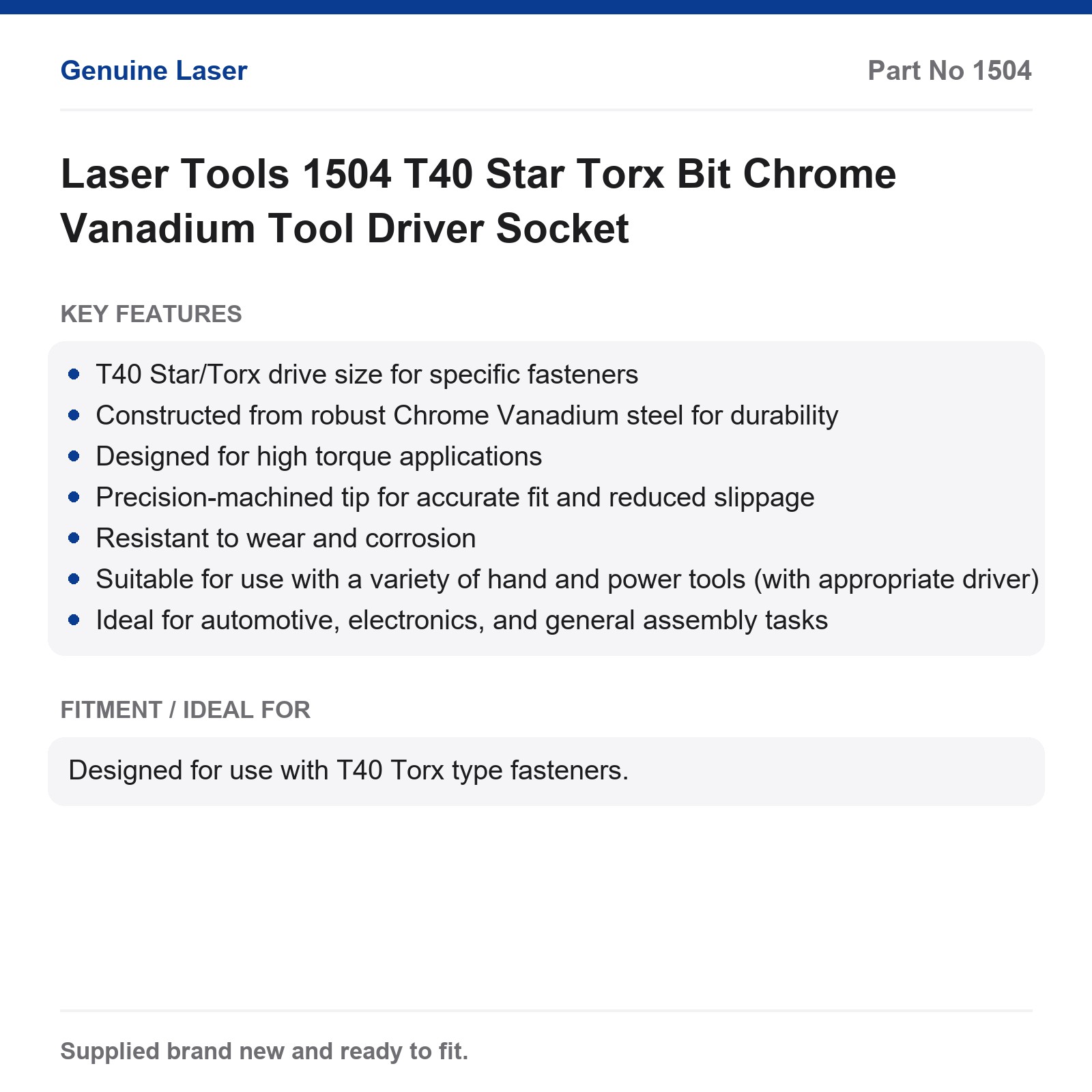 Laser Tools 1504 T40 Star Torx Bit Socket Chrome Vanadium - Image 2
