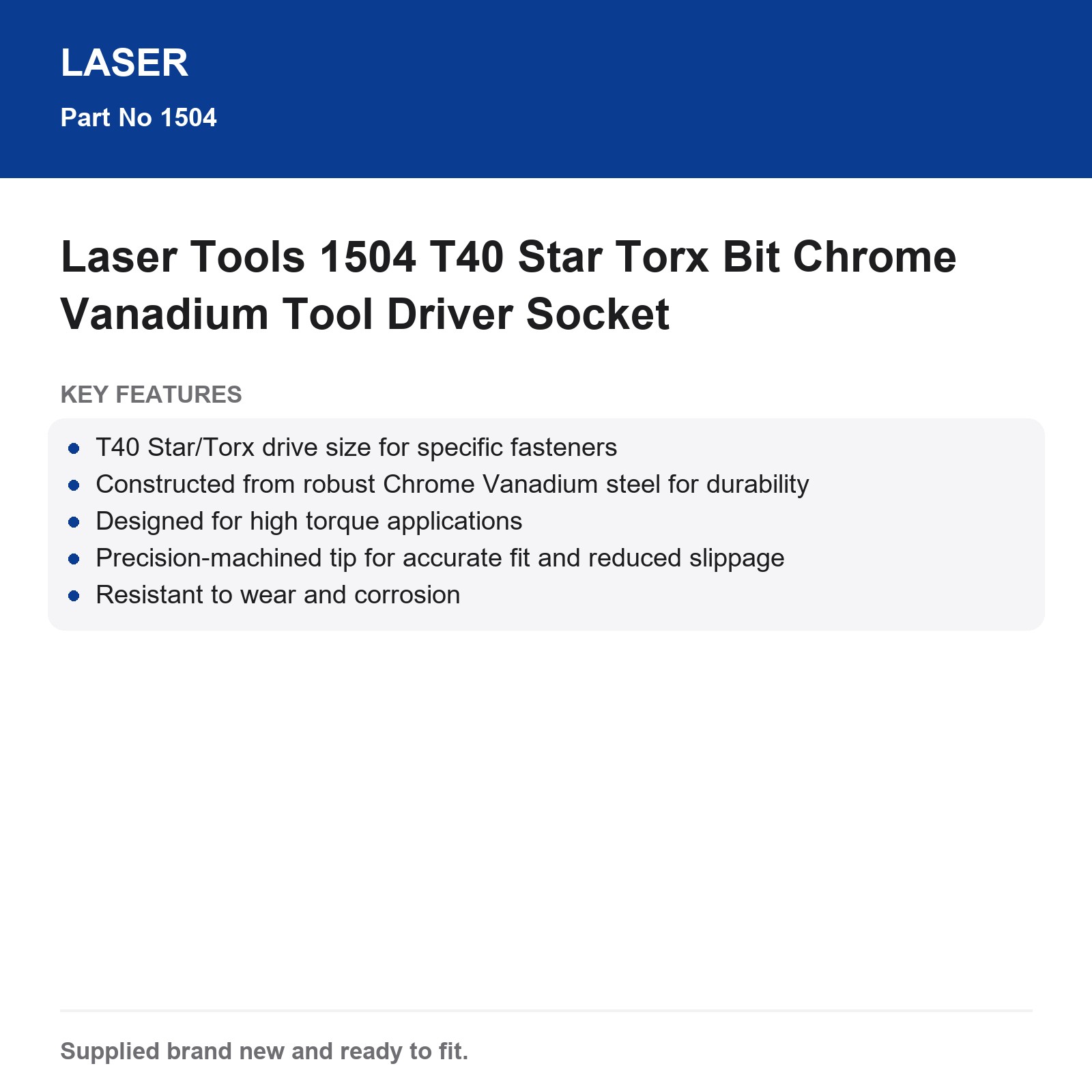 Laser Tools 1504 T40 Star Torx Bit Socket Chrome Vanadium - Image 3