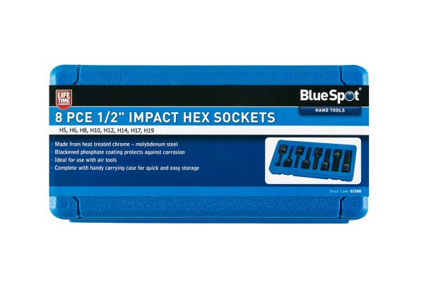 BlueSpot 8pc 1/2″ Impact Hex Sockets H5-H19 Cr-Mo Corrosion Resist Case