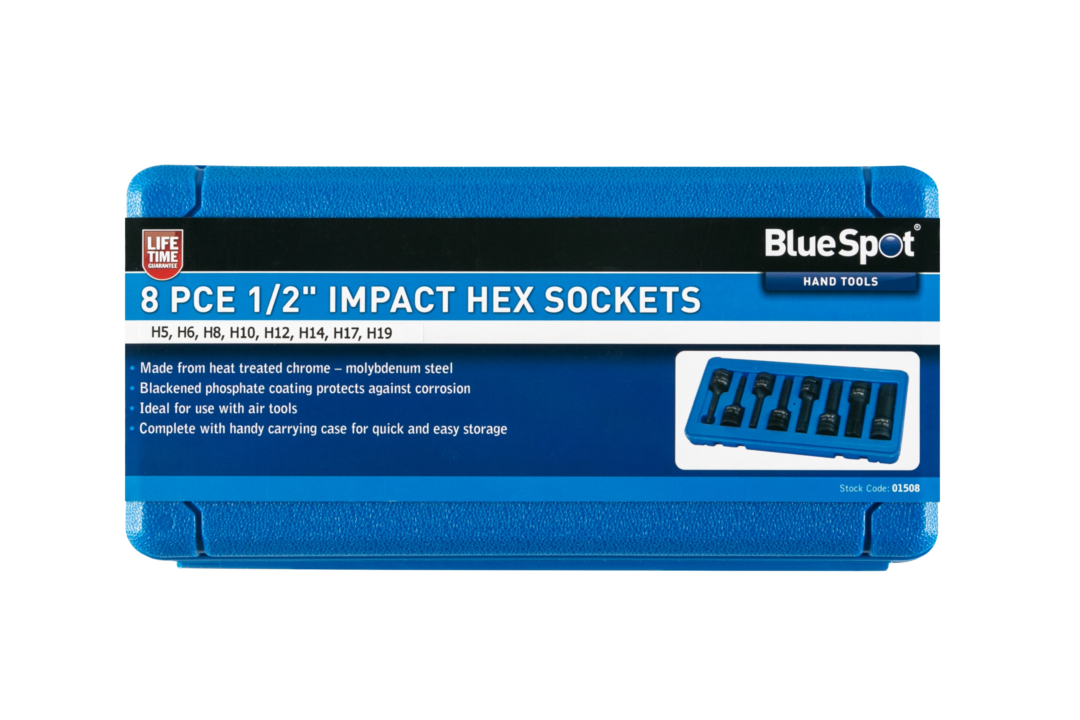 BlueSpot 8pc 1/2″ Impact Hex Sockets H5-H19 Cr-Mo Corrosion Resist Case