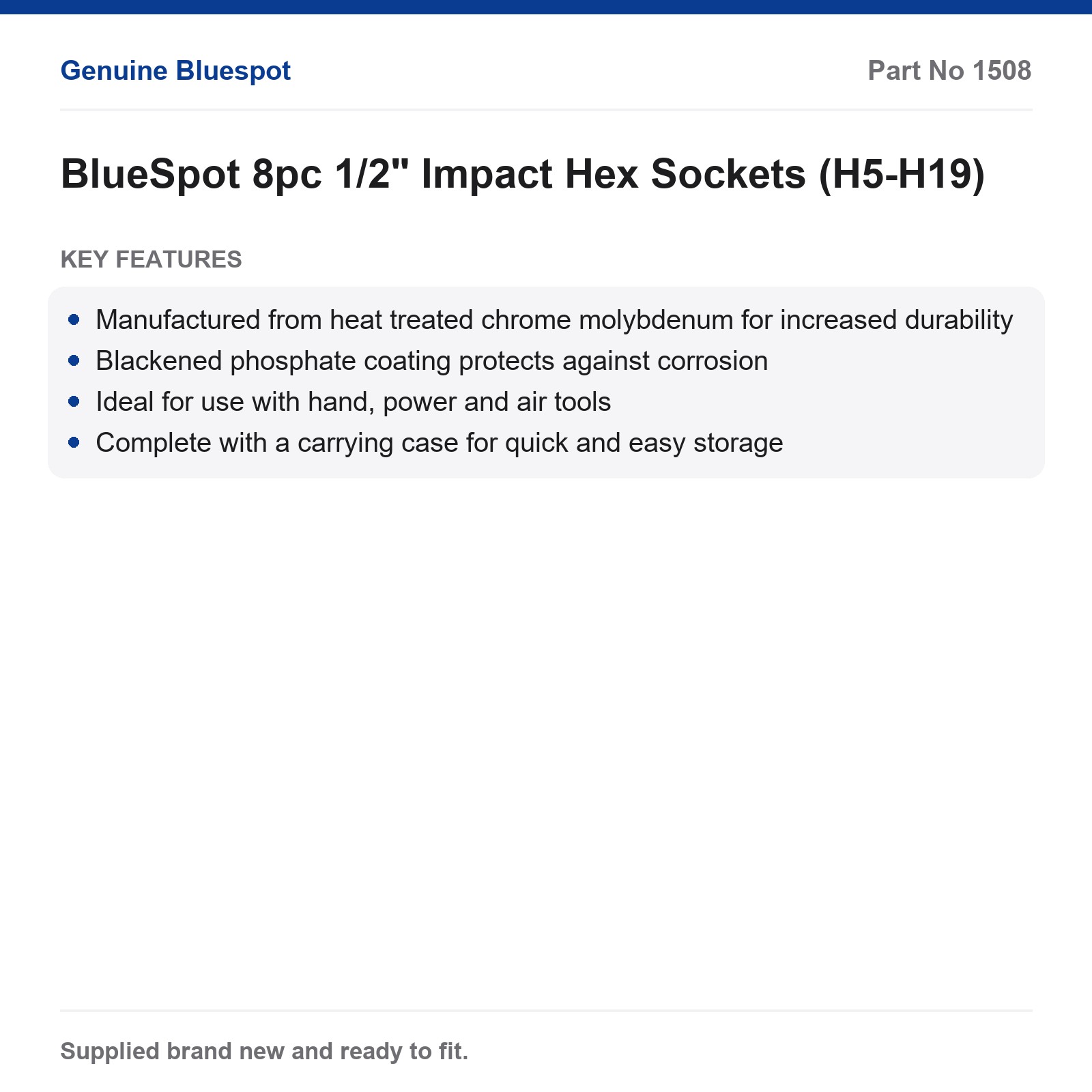 BlueSpot 8pc 1/2" Impact Hex Sockets H5-H19 Cr-Mo Corrosion Resist Case - Image 3